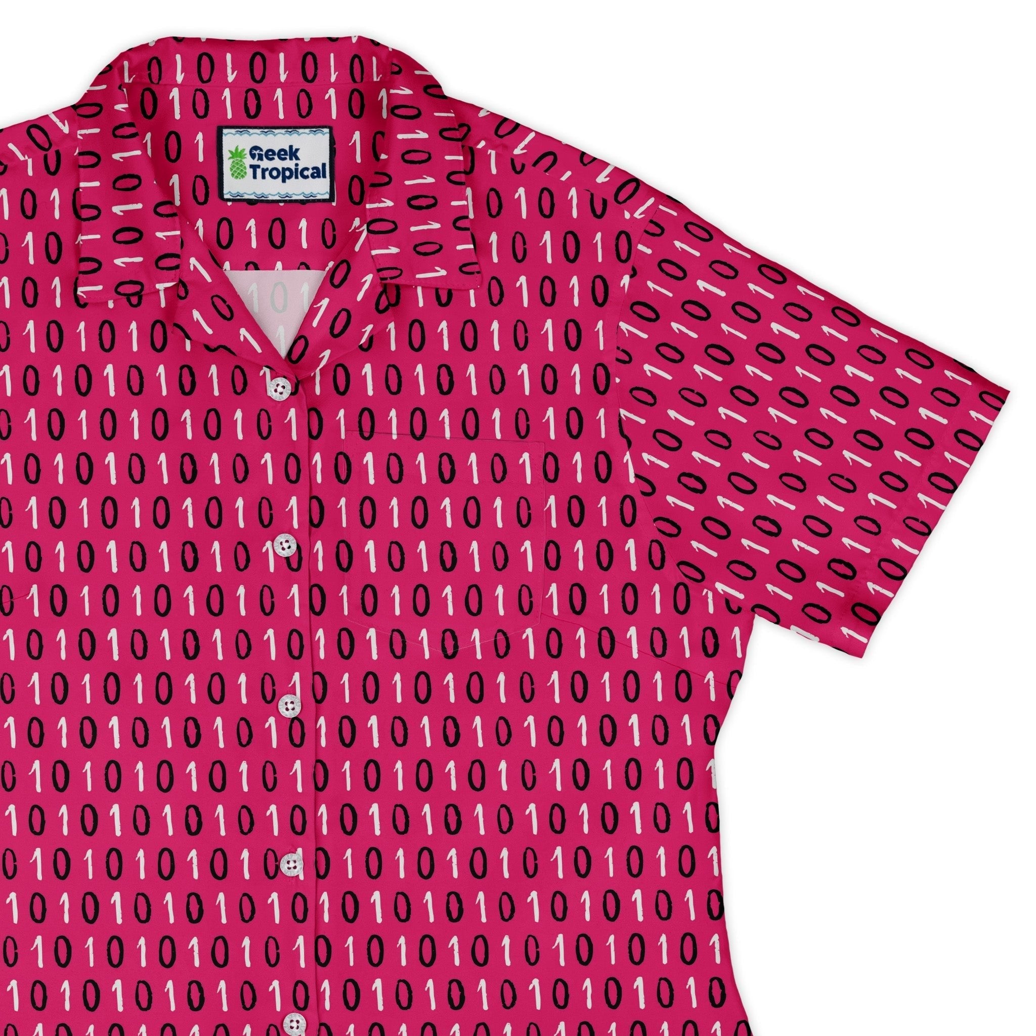 1s and 0s Pink Binary Curvy Button Up Shirt Geek Nerd computer print Design by Zirkus Design q225