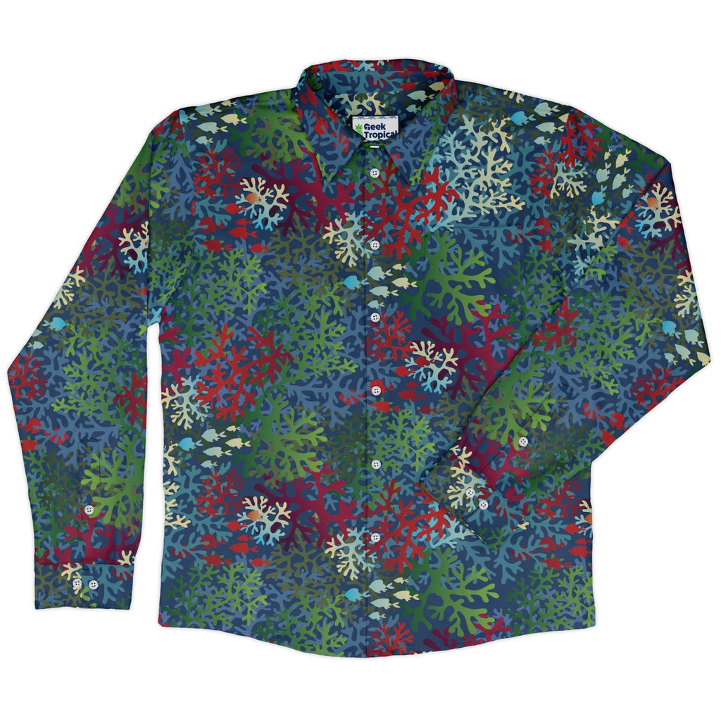 A Christmas Coral Long Sleeve Button Up Shirt Geek Nerd adult sizing Christmas Print FLOW DESC WRITING