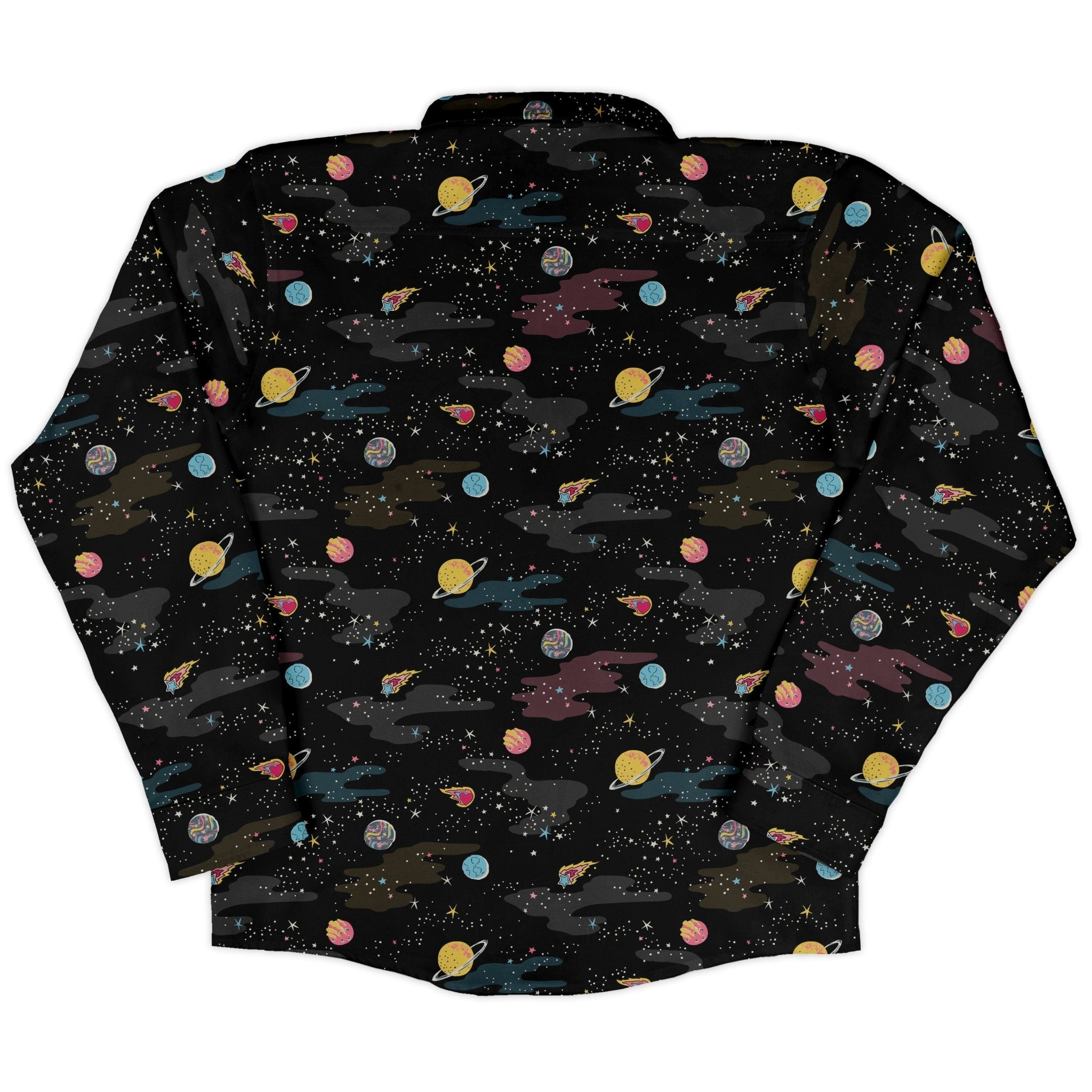 A Starry Galaxy Outer Space Long Sleeve Button Up Shirt Geek Nerd adult sizing FLOW DESC WRITING outer space & astronaut print