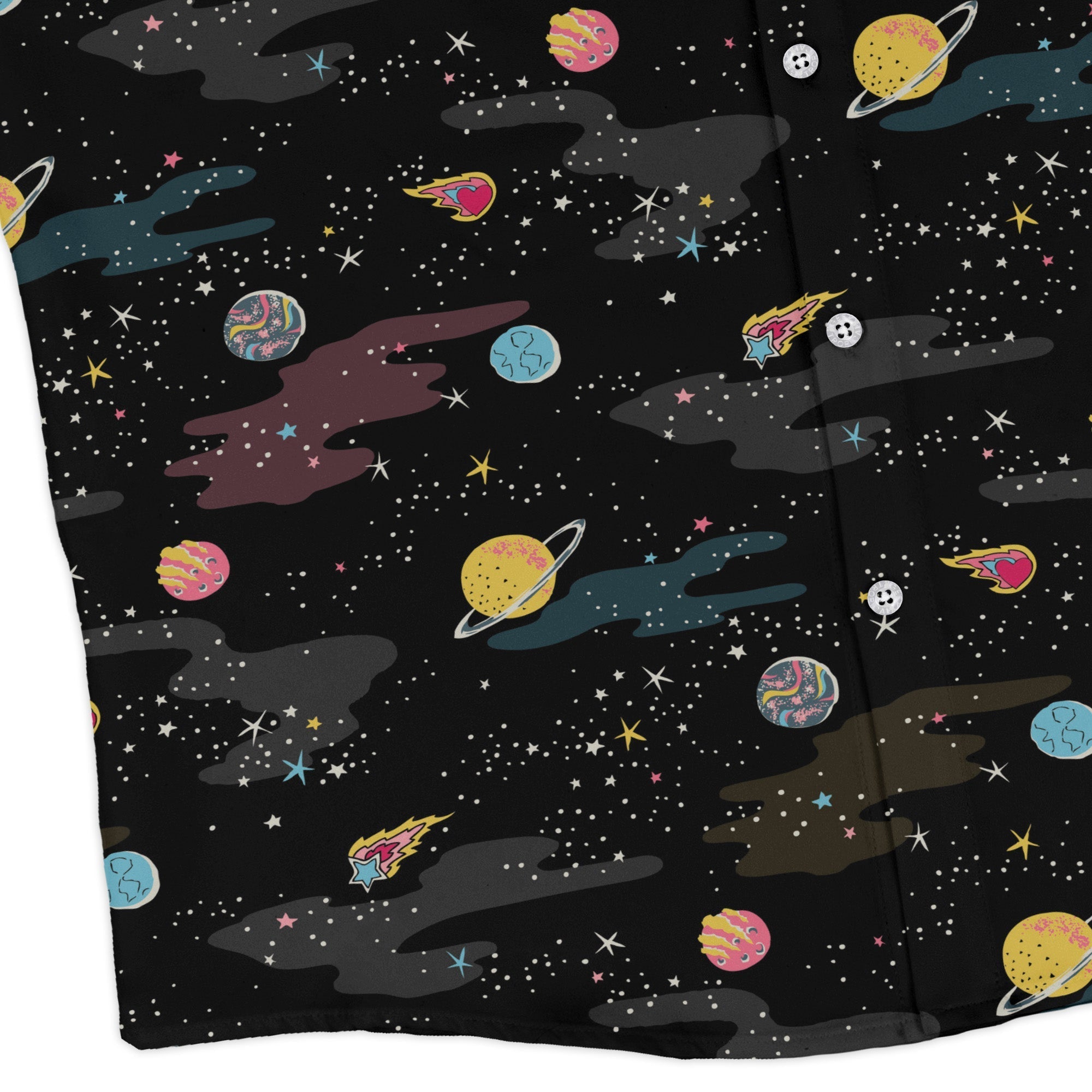 A Starry Galaxy Outer Space Long Sleeve Button Up Shirt Geek Nerd adult sizing FLOW DESC WRITING outer space & astronaut print