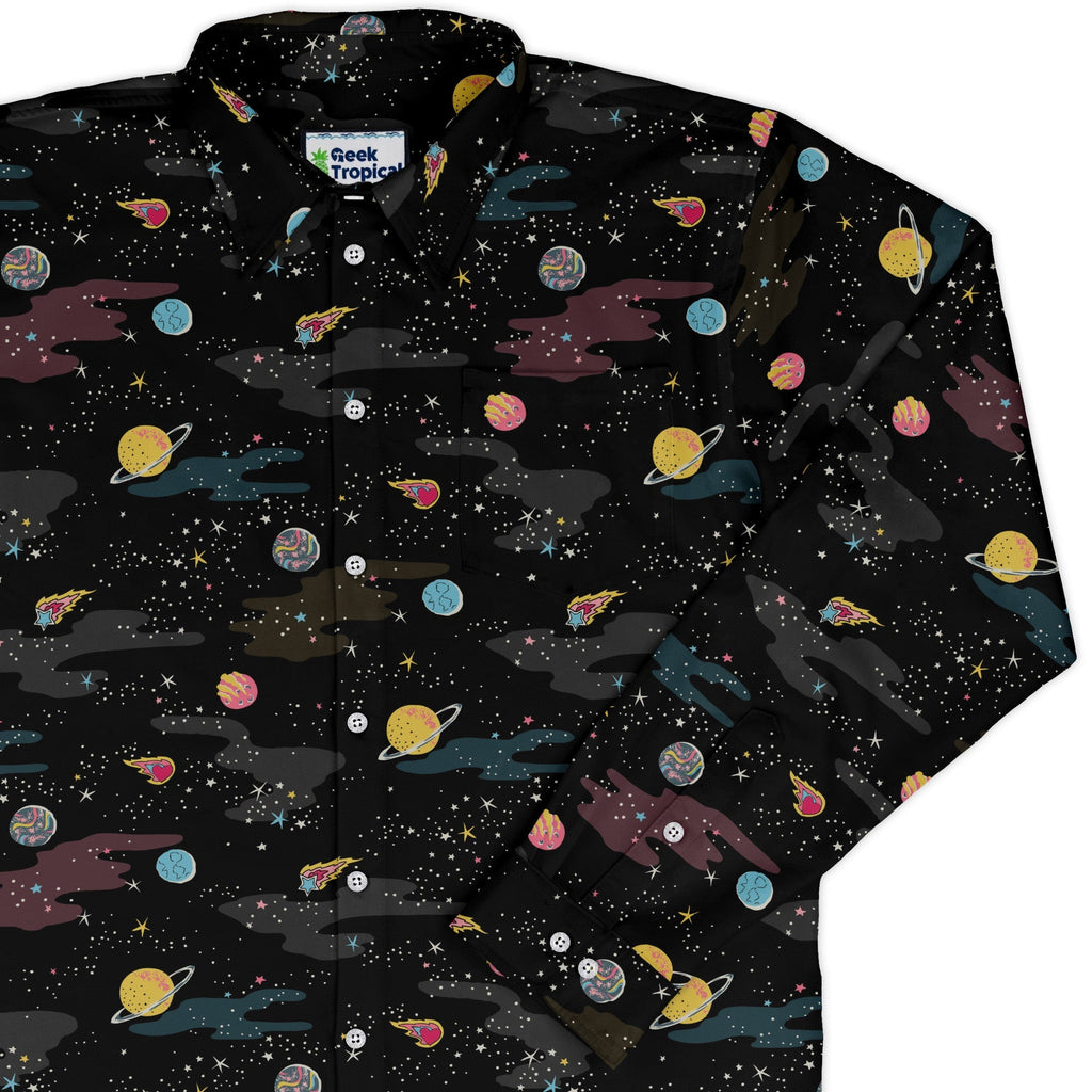 A Starry Galaxy Outer Space Long Sleeve Button Up Shirt Geek Nerd adult sizing FLOW DESC WRITING outer space & astronaut print