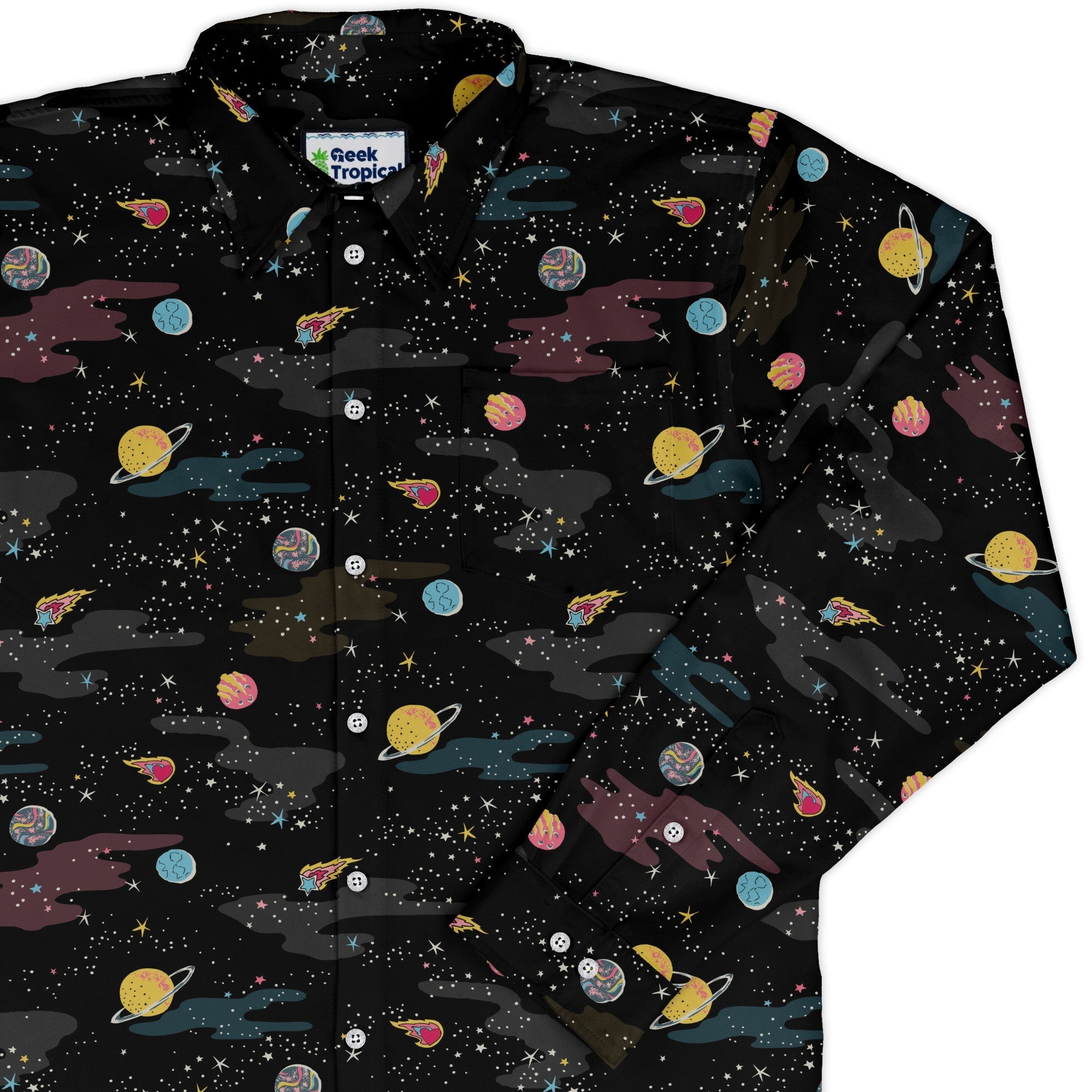 A Starry Galaxy Outer Space Long Sleeve Button Up Shirt Geek Nerd adult sizing FLOW DESC WRITING outer space & astronaut print
