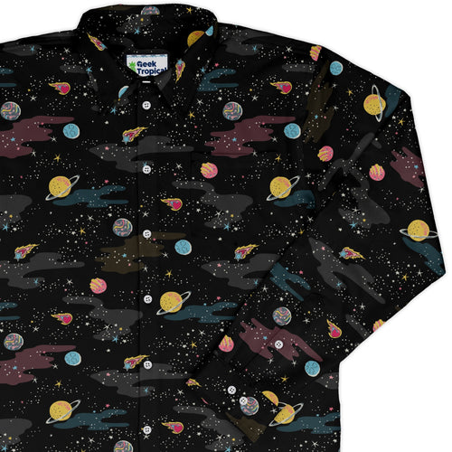 A Starry Galaxy Outer Space Long Sleeve Button Up Shirt Geek Nerd adult sizing FLOW DESC WRITING outer space & astronaut print