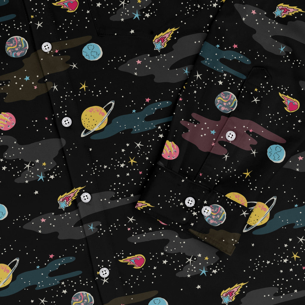 A Starry Galaxy Outer Space Long Sleeve Button Up Shirt Geek Nerd adult sizing FLOW DESC WRITING outer space & astronaut print