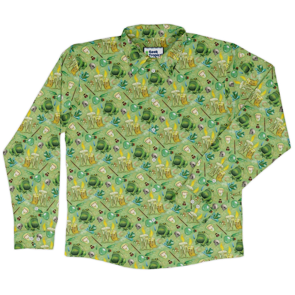 A Witches Brew Fantasy Long Sleeve Button Up Shirt Geek Nerd adult sizing Animal Patterns Designed by Rose Khan