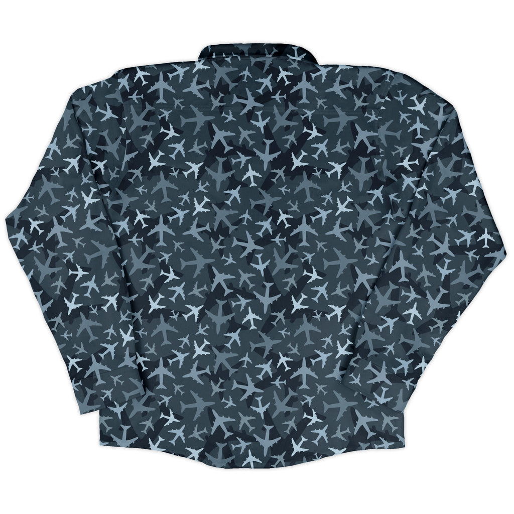 Airplanes Blue Camouflage Blue Long Sleeve Button Up Shirt Geek Nerd adult sizing aviation print FLOW DESC WRITING