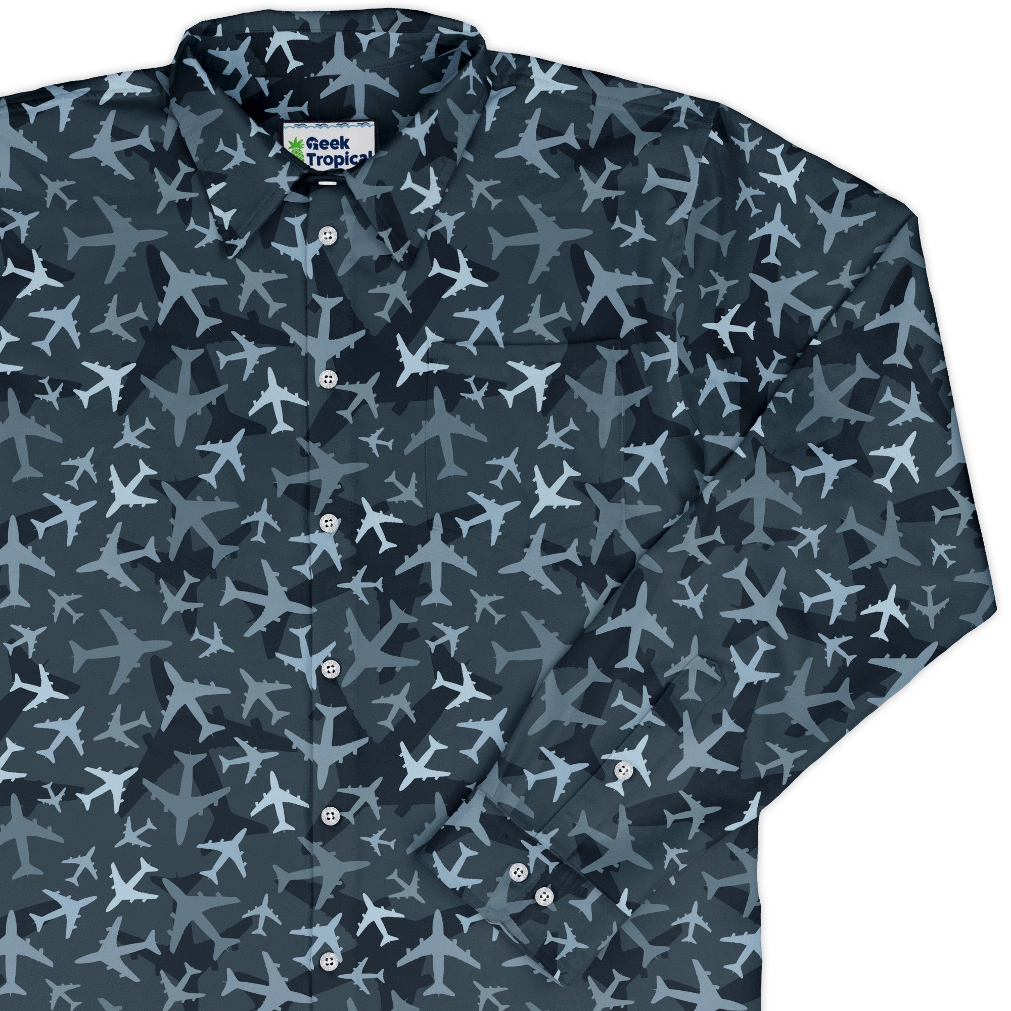 Airplanes Blue Camouflage Blue Long Sleeve Button Up Shirt Geek Nerd adult sizing aviation print FLOW DESC WRITING