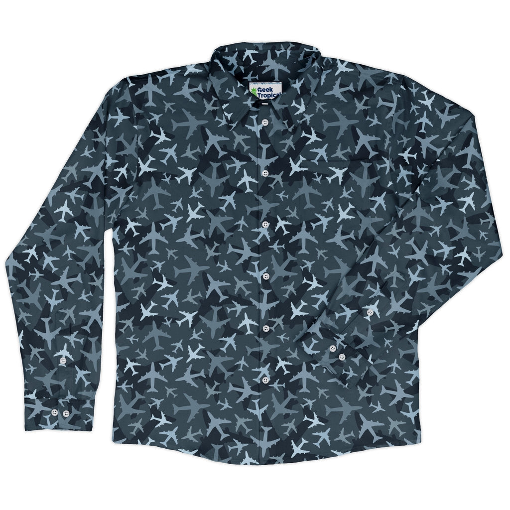 Airplanes Blue Camouflage Blue Long Sleeve Button Up Shirt Geek Nerd adult sizing aviation print FLOW DESC WRITING