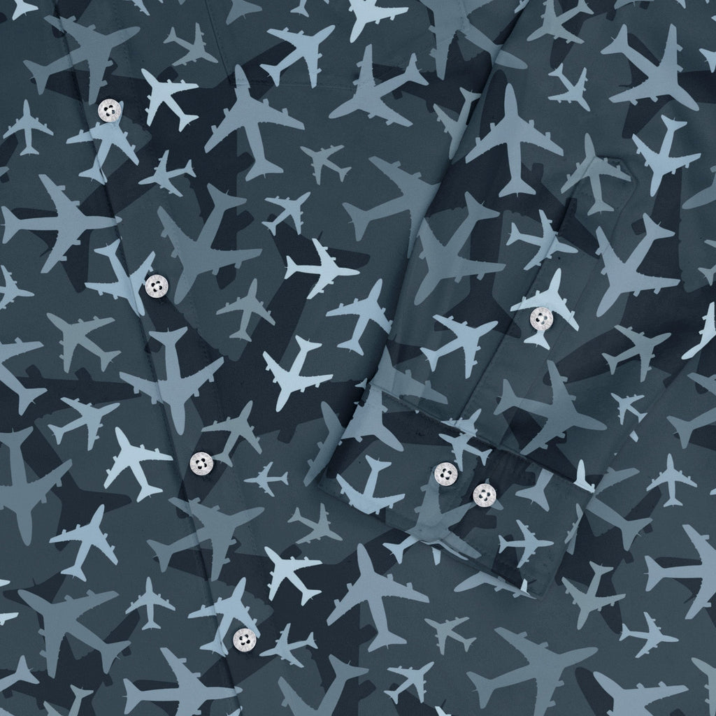 Airplanes Blue Camouflage Blue Long Sleeve Button Up Shirt Geek Nerd adult sizing aviation print FLOW DESC WRITING