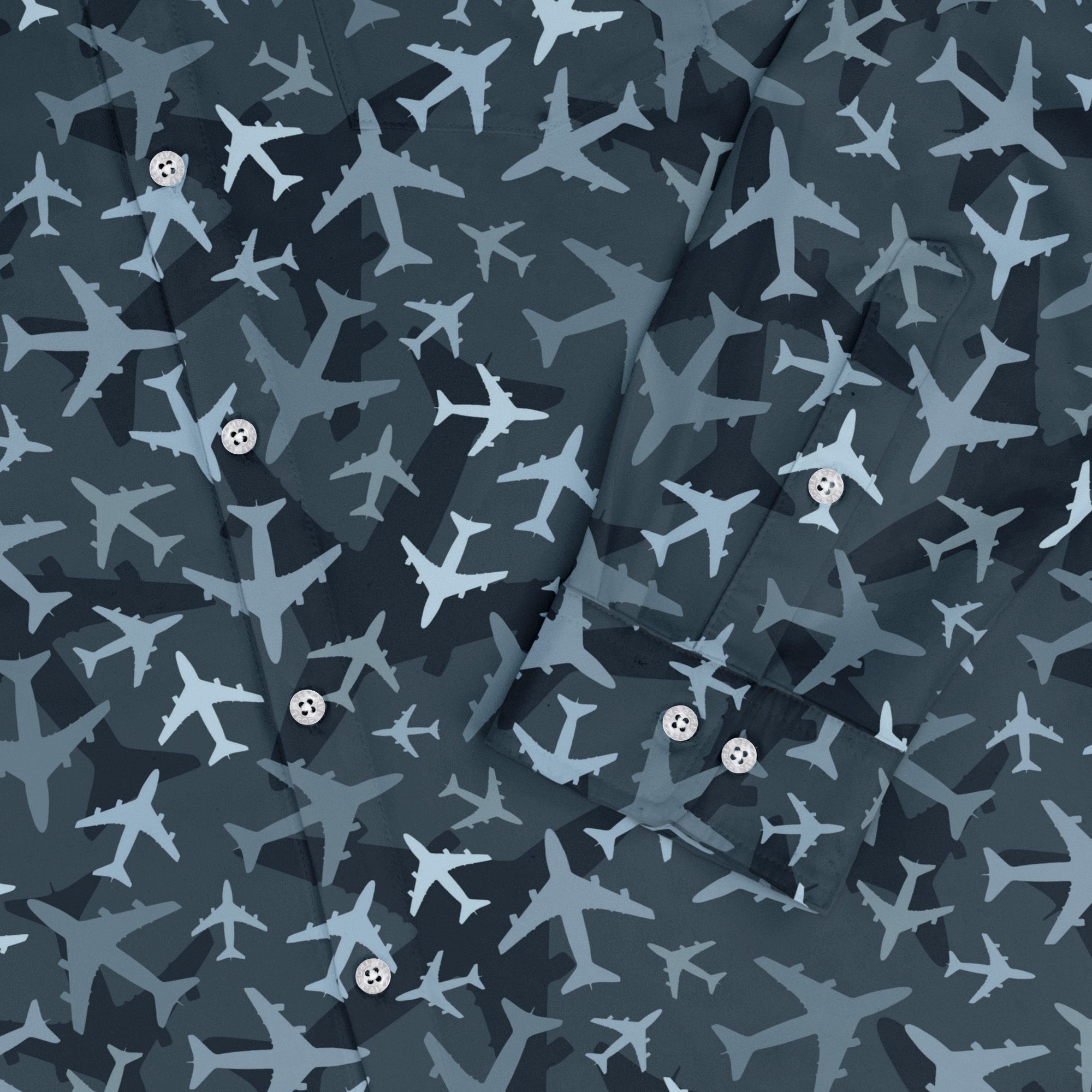 Airplanes Blue Camouflage Blue Long Sleeve Button Up Shirt Geek Nerd adult sizing aviation print FLOW DESC WRITING