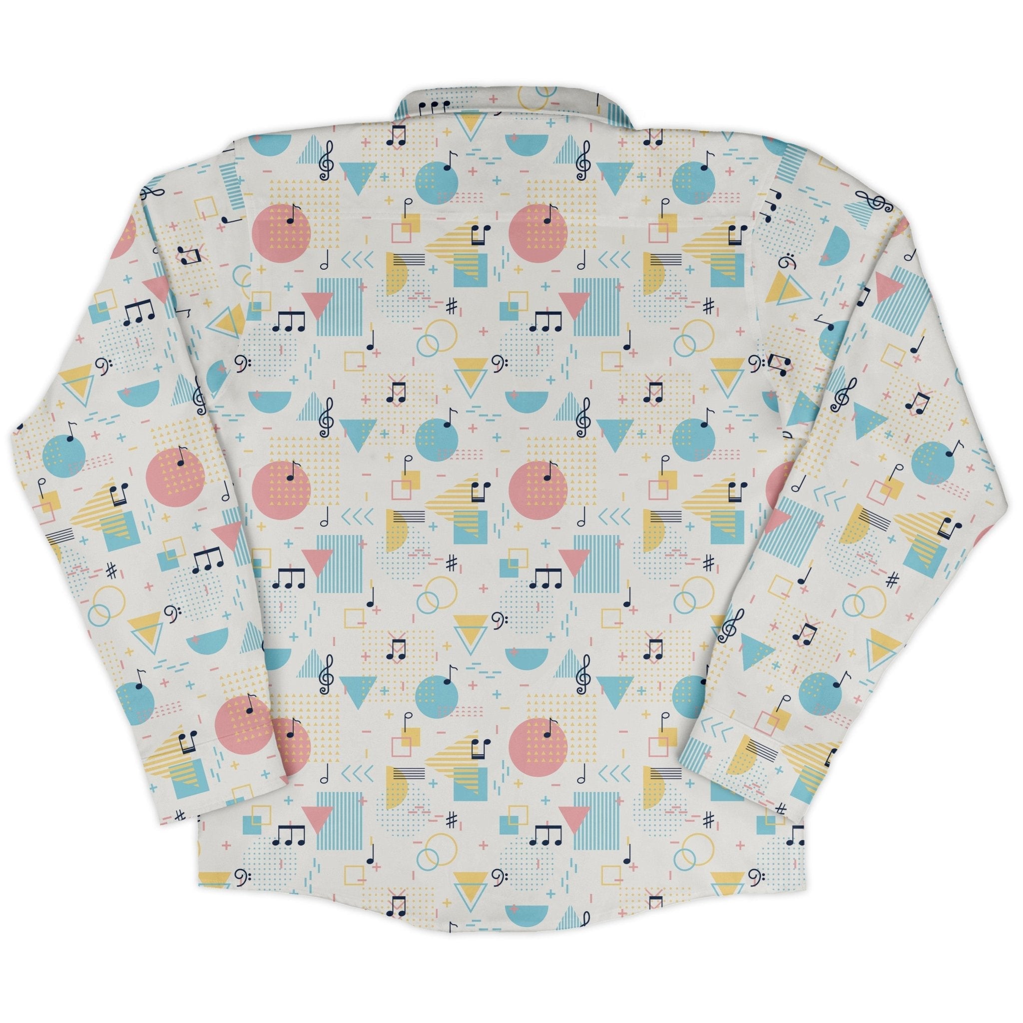 Alphabet Music Memphis Style White Long Sleeve Button Up Shirt Geek Nerd adult sizing FLOW DESC WRITING lifestyle photo