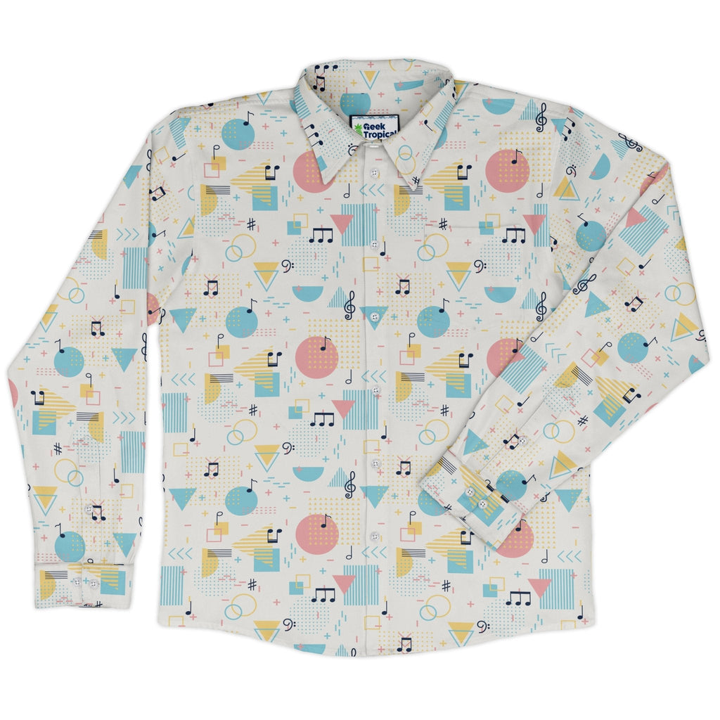 Alphabet Music Memphis Style White Long Sleeve Button Up Shirt Geek Nerd adult sizing FLOW DESC WRITING lifestyle photo