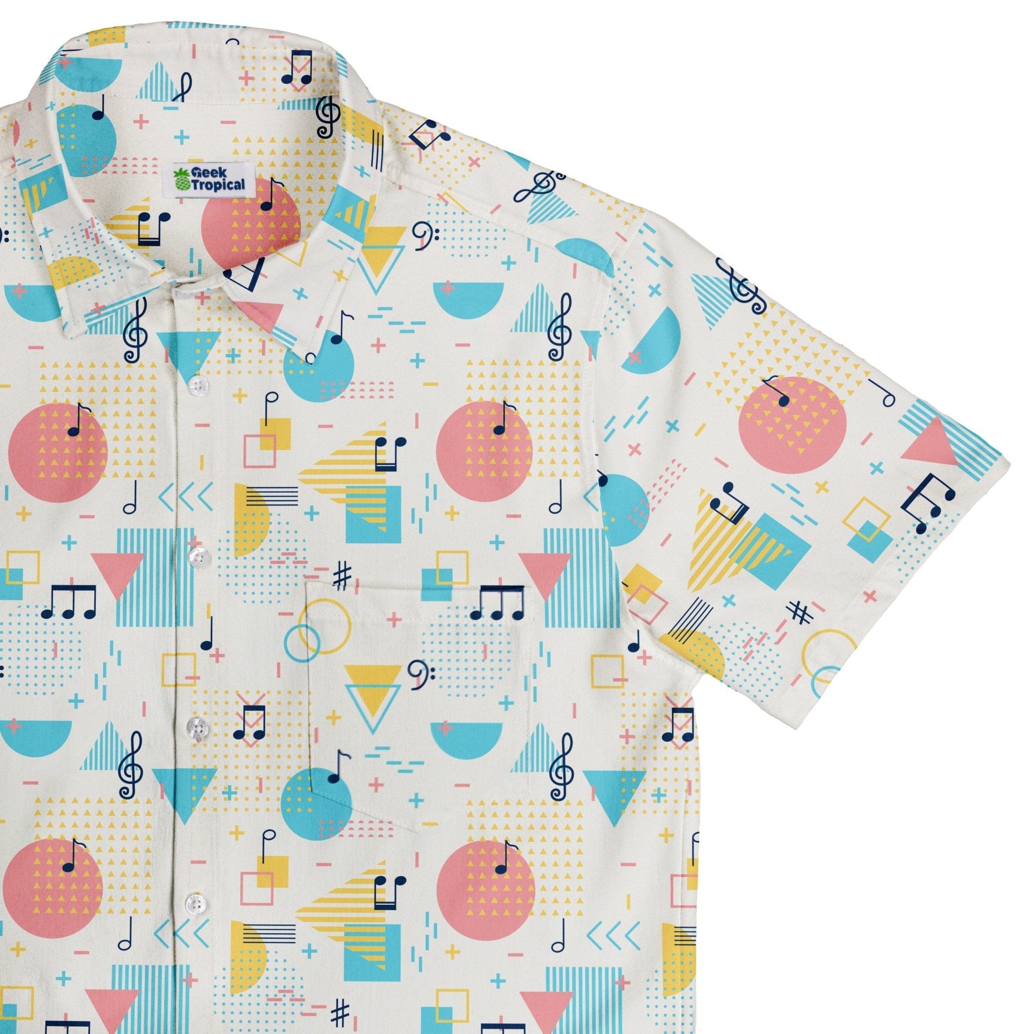 Alphabet Music Memphis Style White Button Up Shirt - adult sizing - Maximalist Patterns - music print