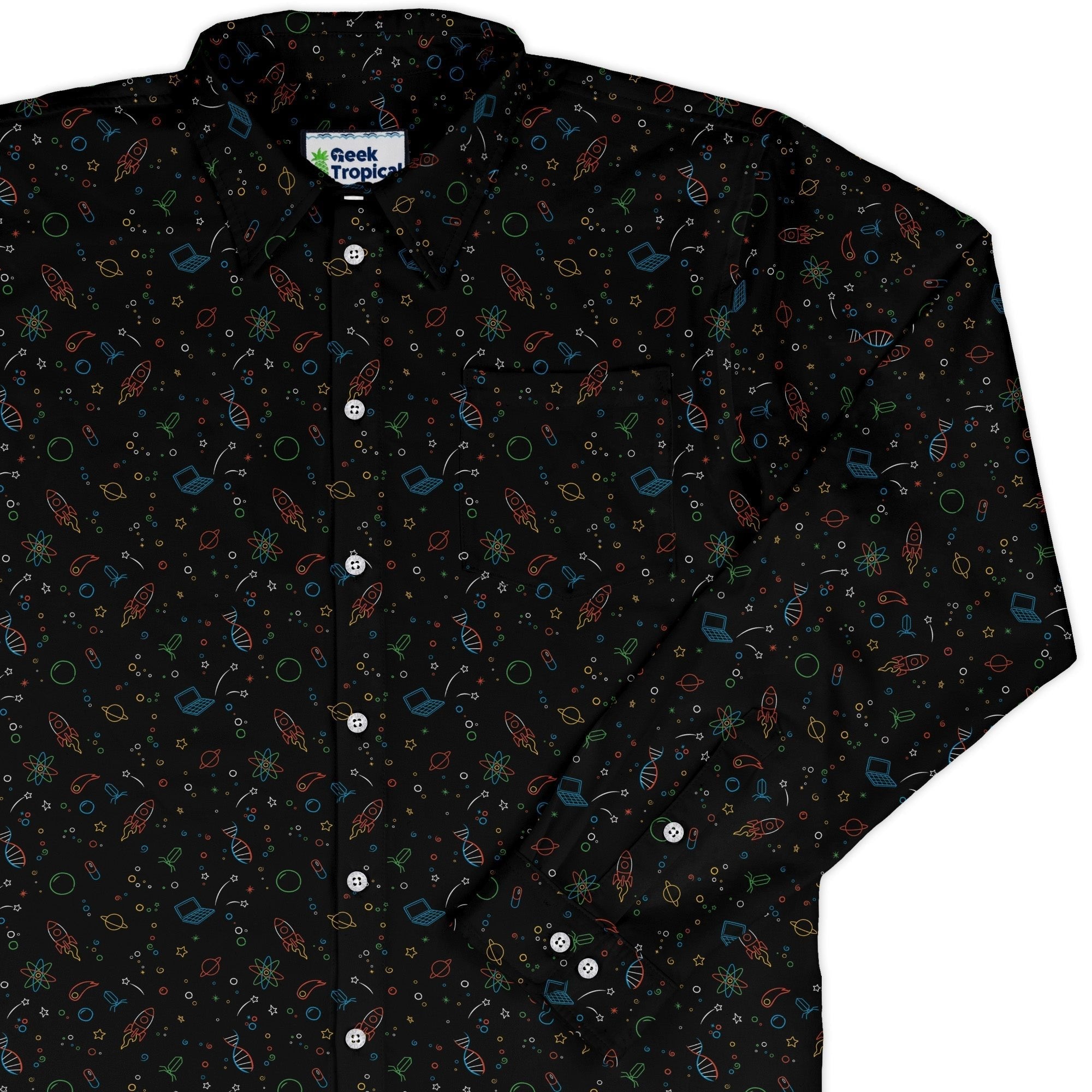 Always Science Icons Long Sleeve Button Up Shirt Geek Nerd adult sizing Design by Tobe Fonseca FLOW DESC WRITING