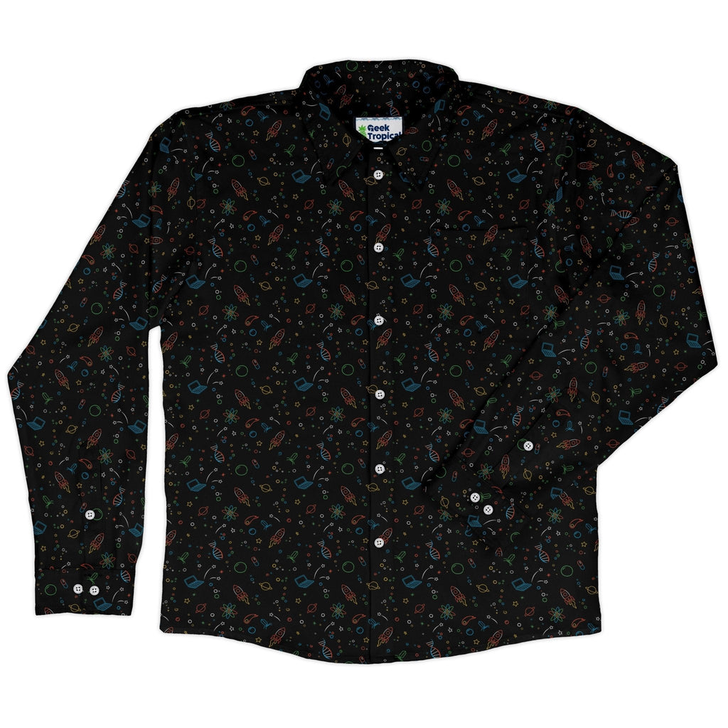 Always Science Icons Long Sleeve Button Up Shirt Geek Nerd adult sizing Design by Tobe Fonseca FLOW DESC WRITING