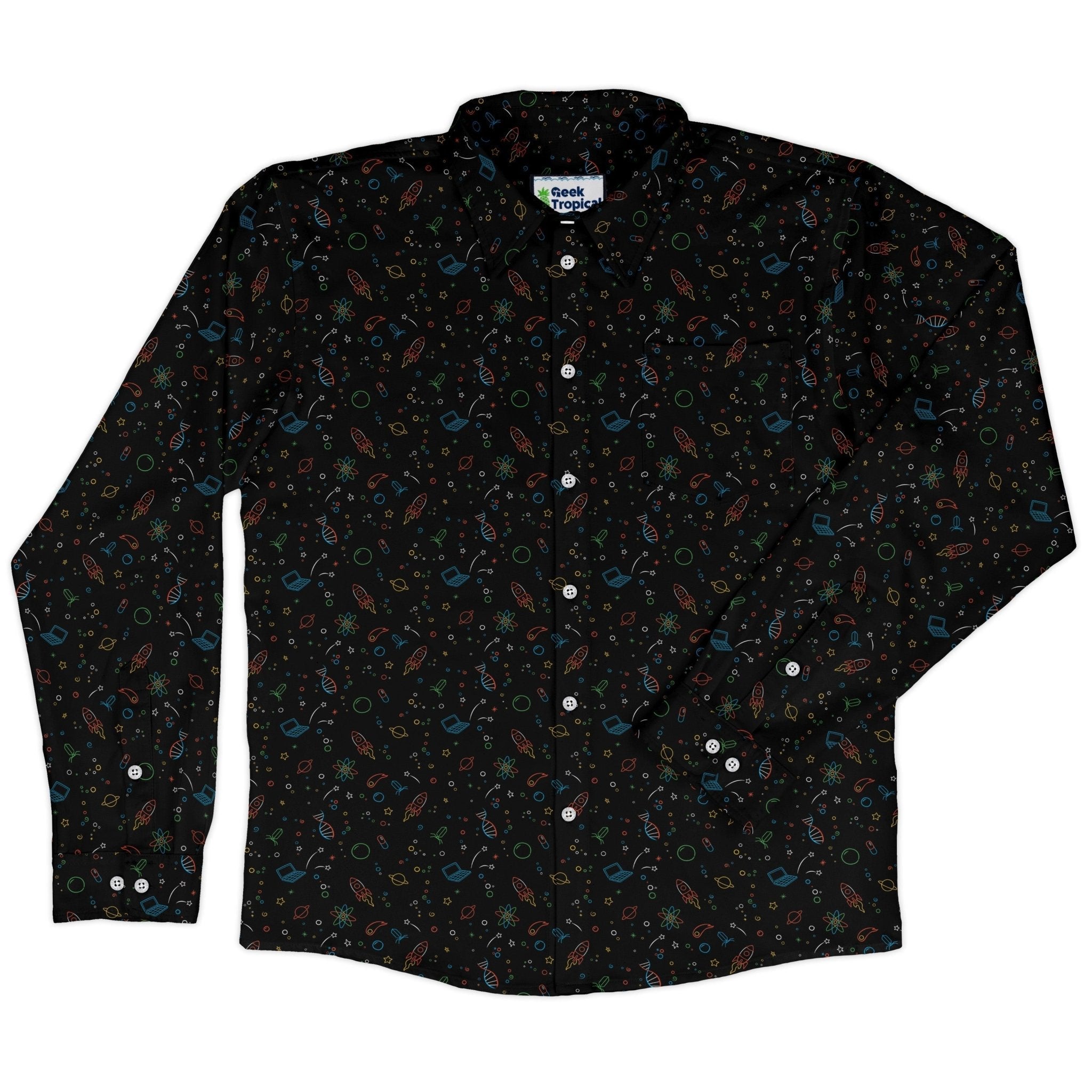 Always Science Icons Long Sleeve Button Up Shirt Geek Nerd adult sizing Design by Tobe Fonseca FLOW DESC WRITING