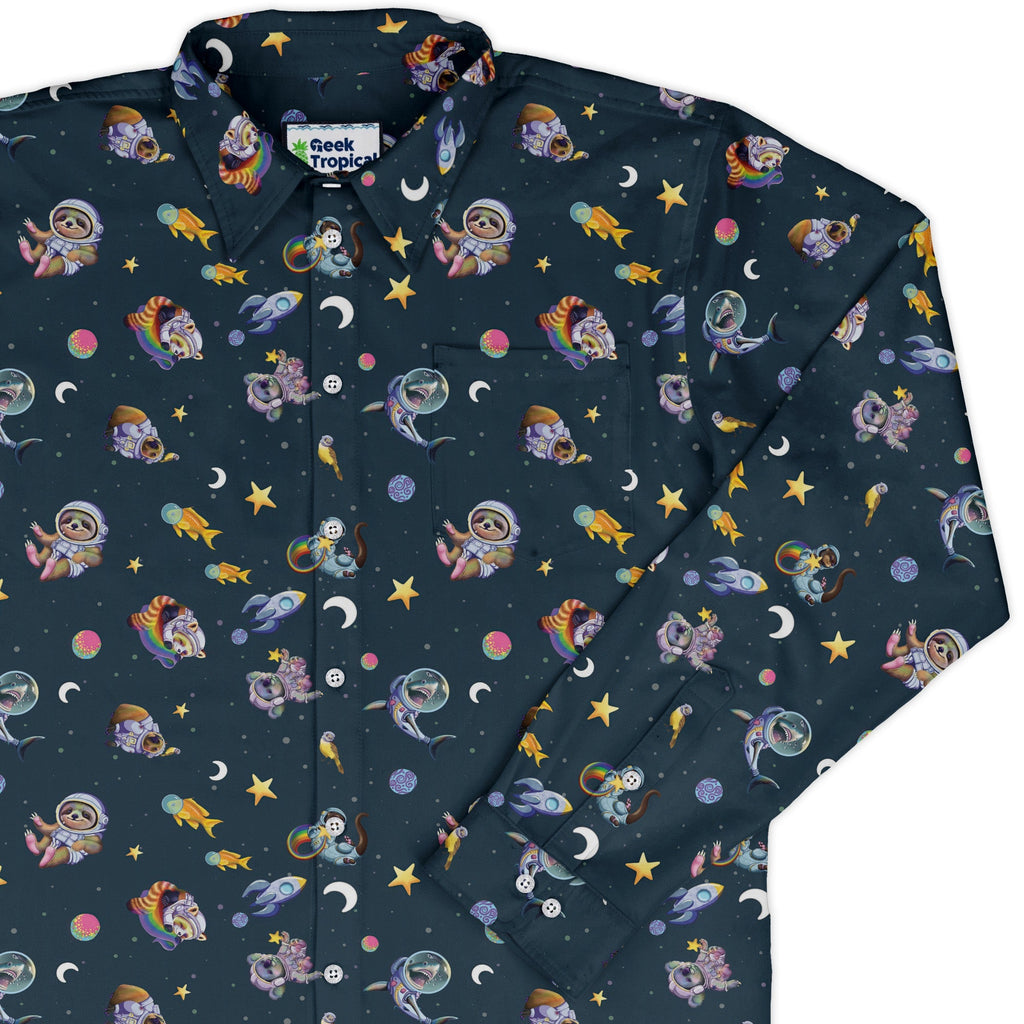 Animal Astronauts in Space Long Sleeve Button Up Shirt Geek Nerd adult sizing Animal Patterns Design by Carla Morrow