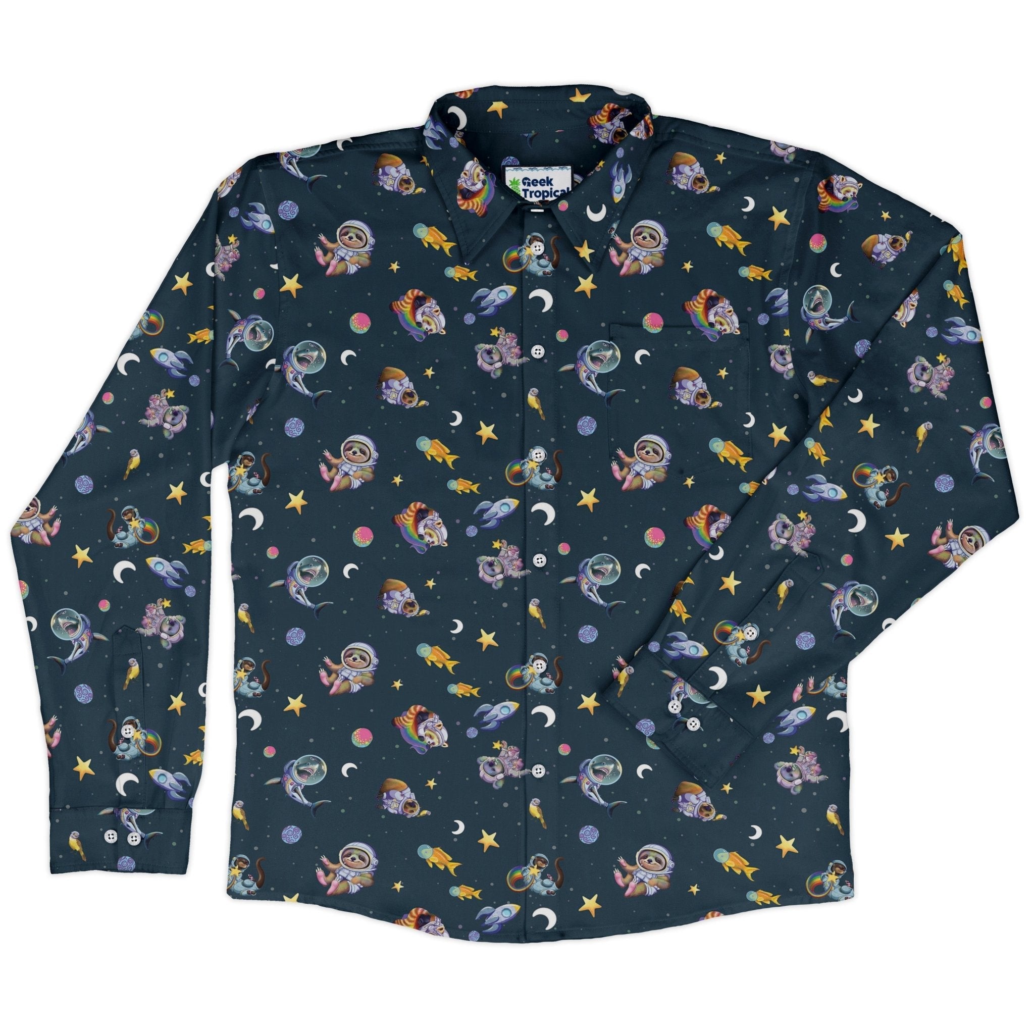 Animal Astronauts in Space Long Sleeve Button Up Shirt Geek Nerd adult sizing Animal Patterns Design by Carla Morrow