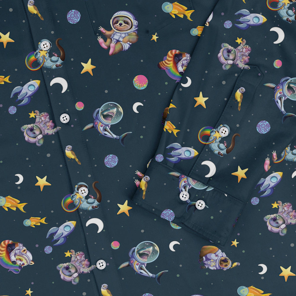 Animal Astronauts in Space Long Sleeve Button Up Shirt Geek Nerd adult sizing Animal Patterns Design by Carla Morrow