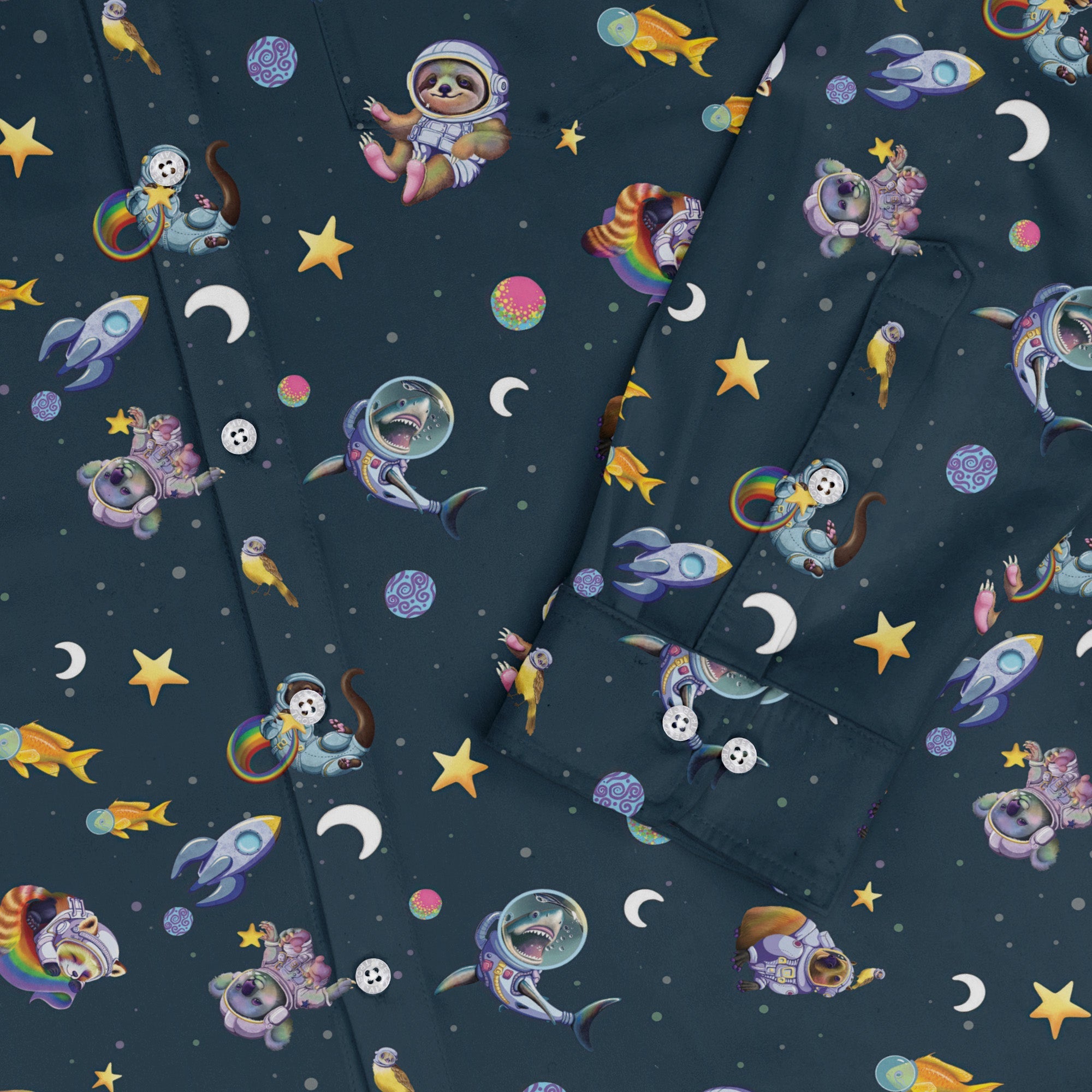 Animal Astronauts in Space Long Sleeve Button Up Shirt Geek Nerd adult sizing Animal Patterns Design by Carla Morrow