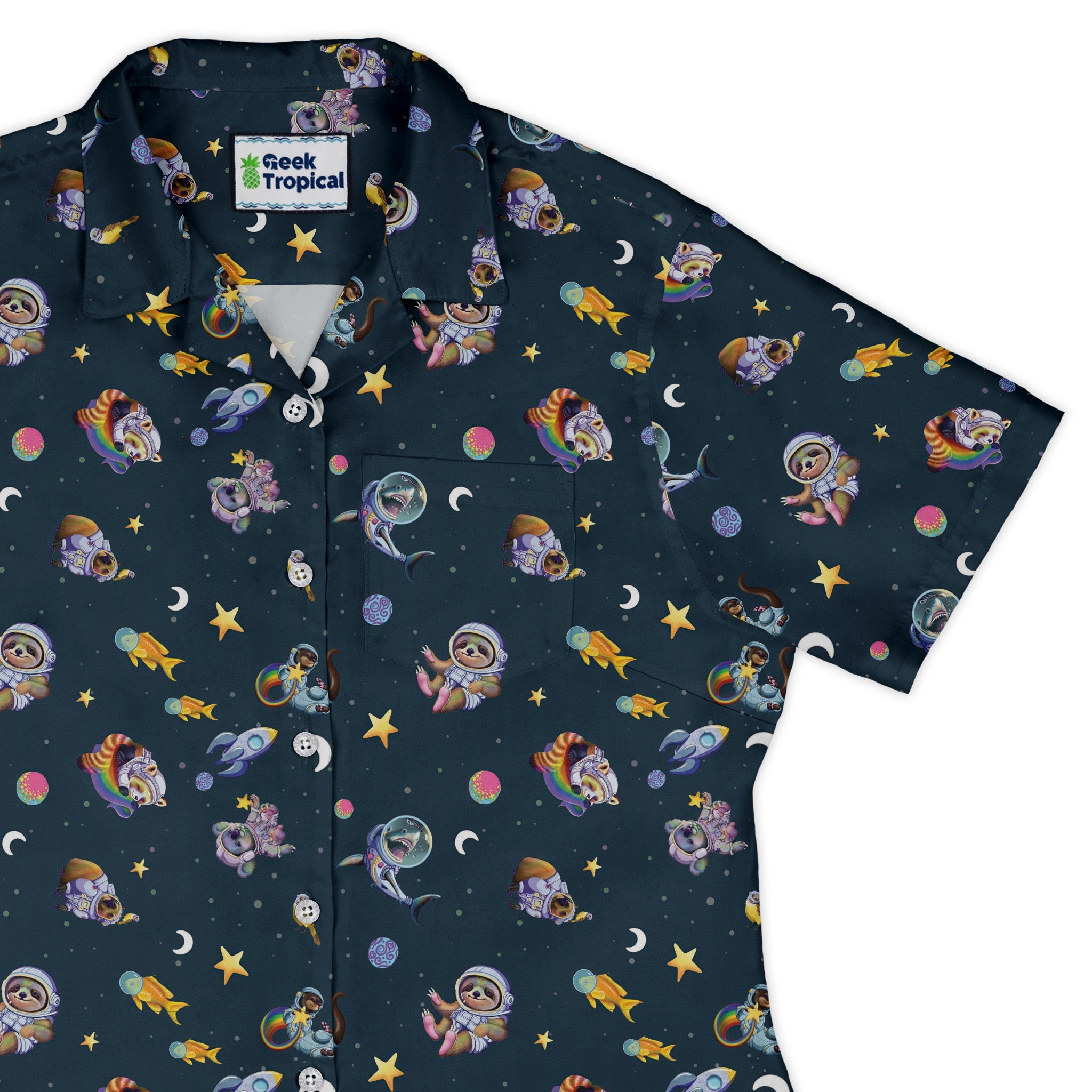 Animal Astronauts in Space Curvy Button Up Shirt Geek Nerd Animal Patterns Design by Carla Morrow outer space & astronaut print