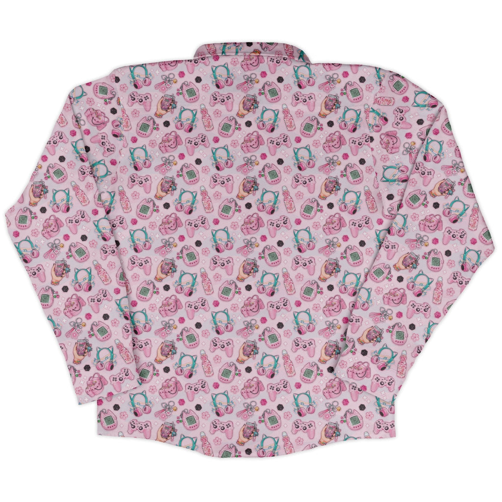 Anime Gamer Items Pink Long Sleeve Button Up Shirt Geek Nerd adult sizing Anime FLOW DESC WRITING