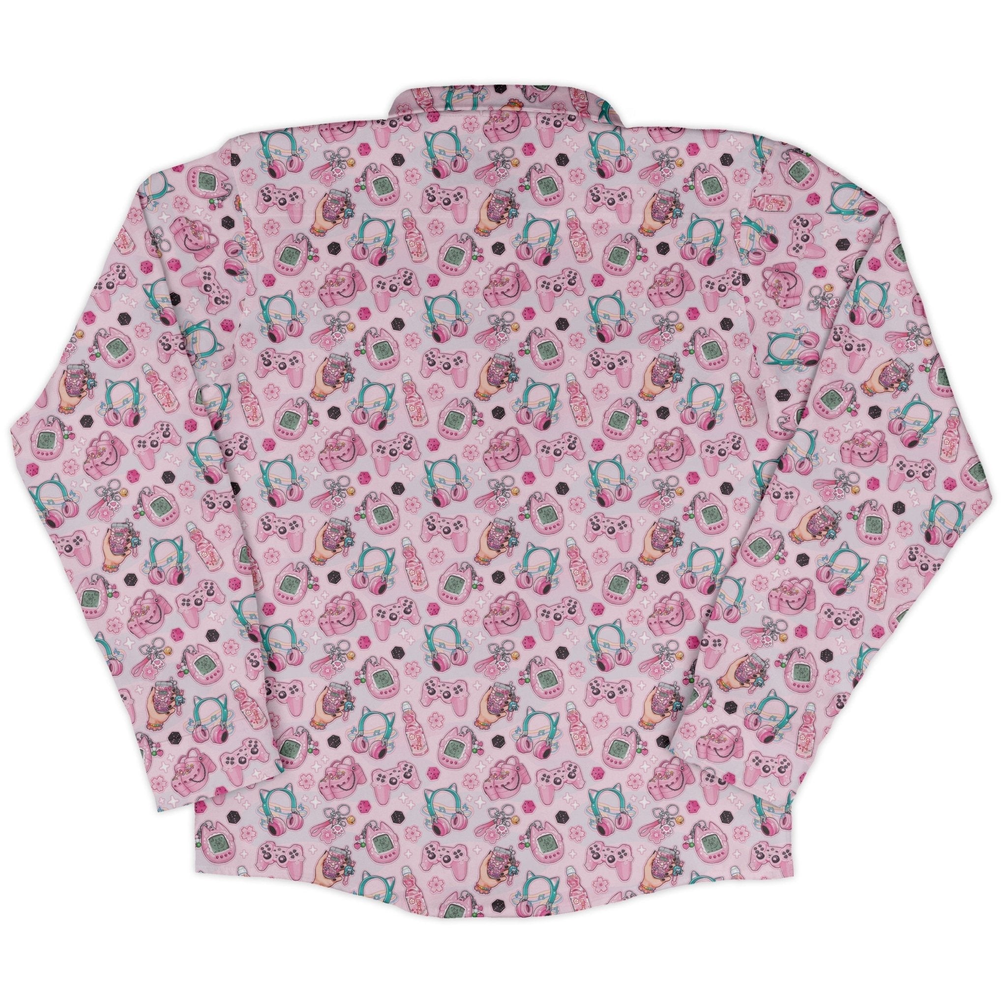Anime Gamer Items Pink Long Sleeve Button Up Shirt Geek Nerd adult sizing Anime FLOW DESC WRITING