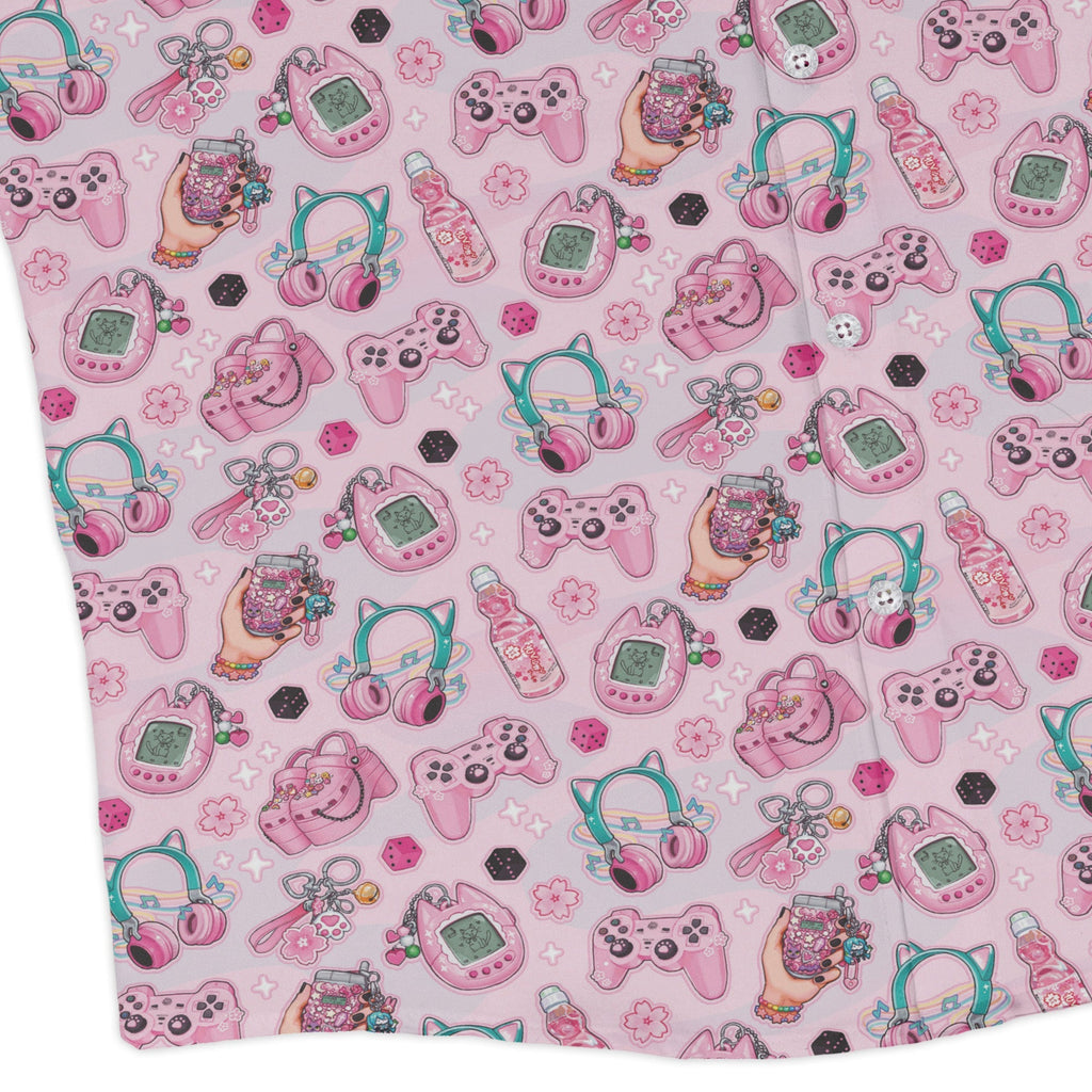 Anime Gamer Items Pink Long Sleeve Button Up Shirt Geek Nerd adult sizing Anime FLOW DESC WRITING