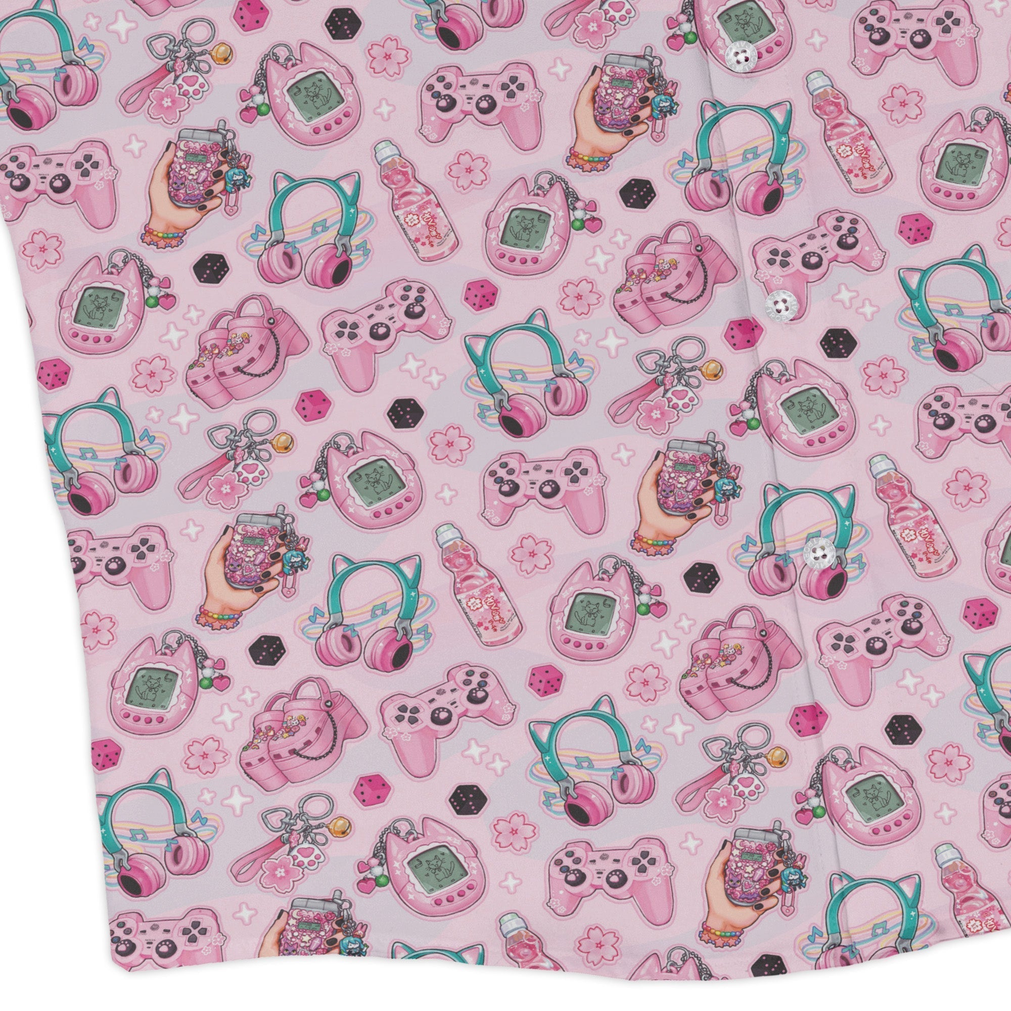Anime Gamer Items Pink Long Sleeve Button Up Shirt Geek Nerd adult sizing Anime FLOW DESC WRITING