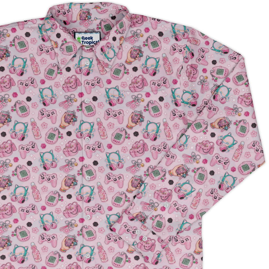 Anime Gamer Items Pink Long Sleeve Button Up Shirt Geek Nerd adult sizing Anime FLOW DESC WRITING
