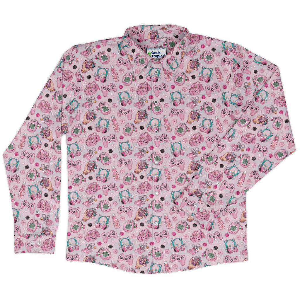 Anime Gamer Items Pink Long Sleeve Button Up Shirt Geek Nerd adult sizing Anime FLOW DESC WRITING
