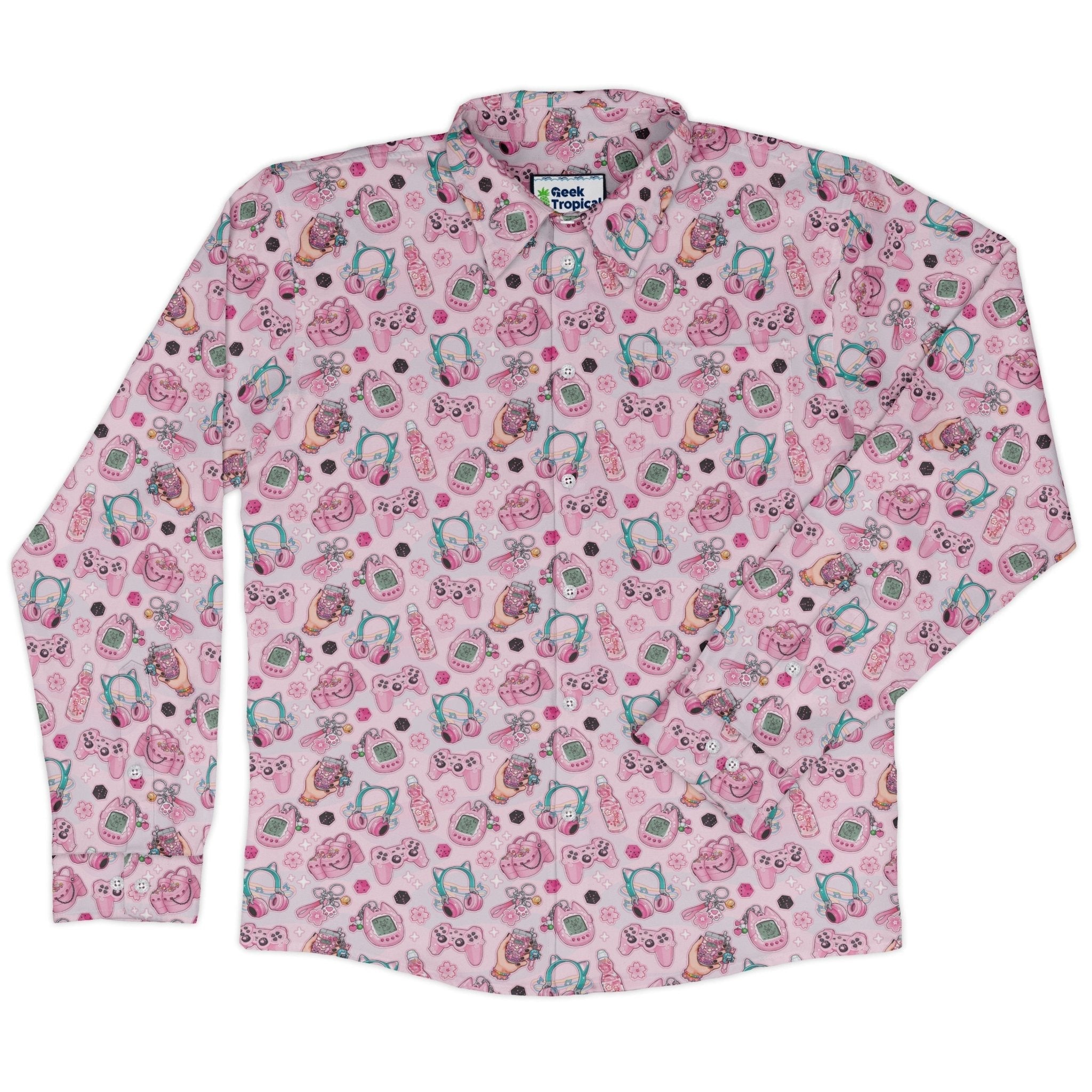 Anime Gamer Items Pink Long Sleeve Button Up Shirt Geek Nerd adult sizing Anime FLOW DESC WRITING
