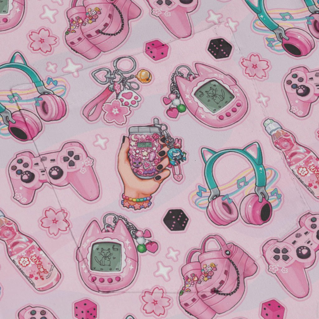 Anime Gamer Items Pink Long Sleeve Button Up Shirt Geek Nerd adult sizing Anime FLOW DESC WRITING