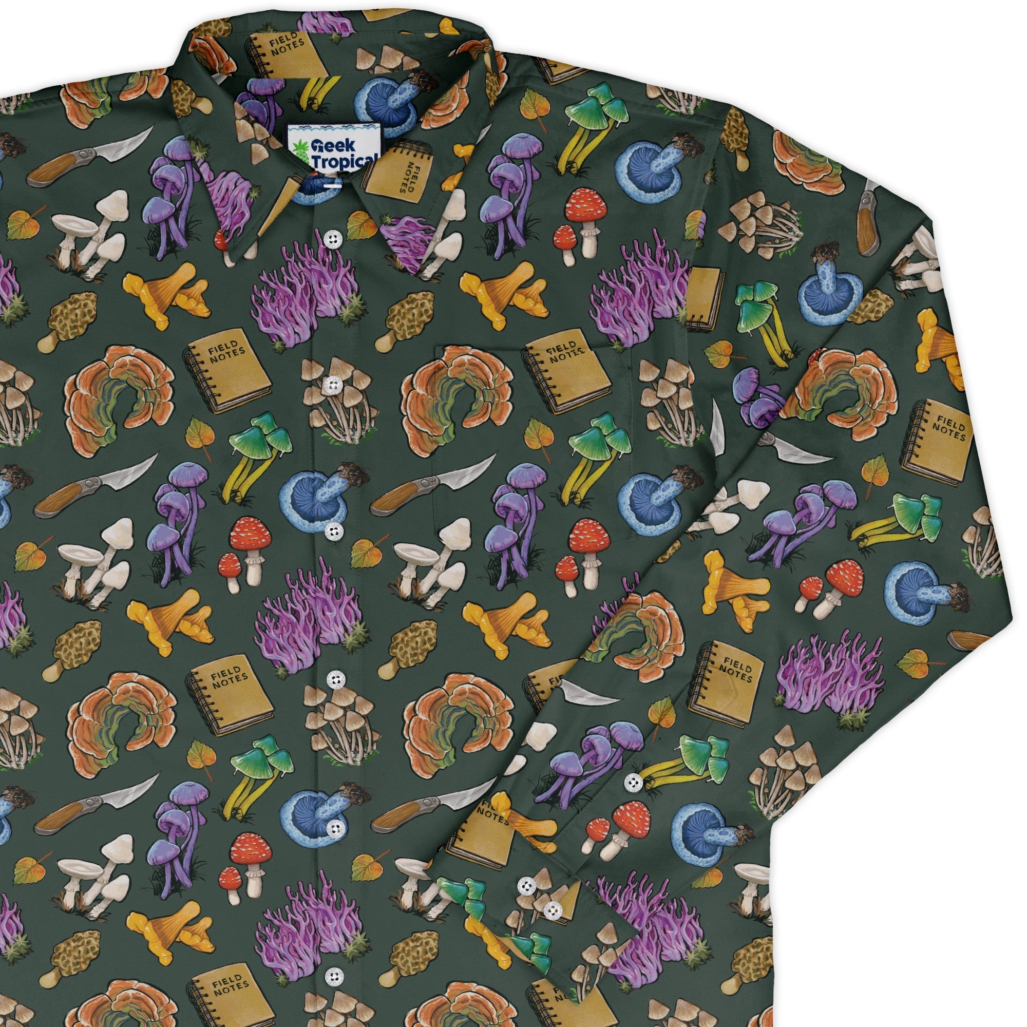 Anime Mushrooms Long Sleeve Button Up Shirt Geek Nerd adult sizing Anime Botany Print