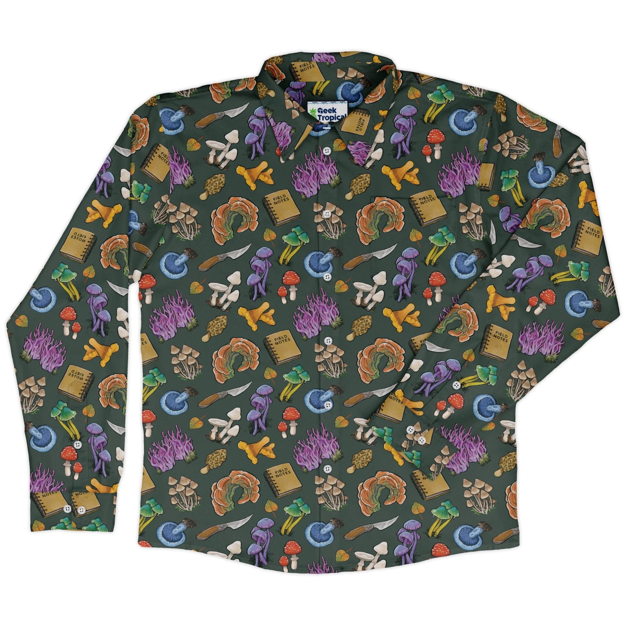 Anime Mushrooms Long Sleeve Button Up Shirt Geek Nerd adult sizing Anime Botany Print