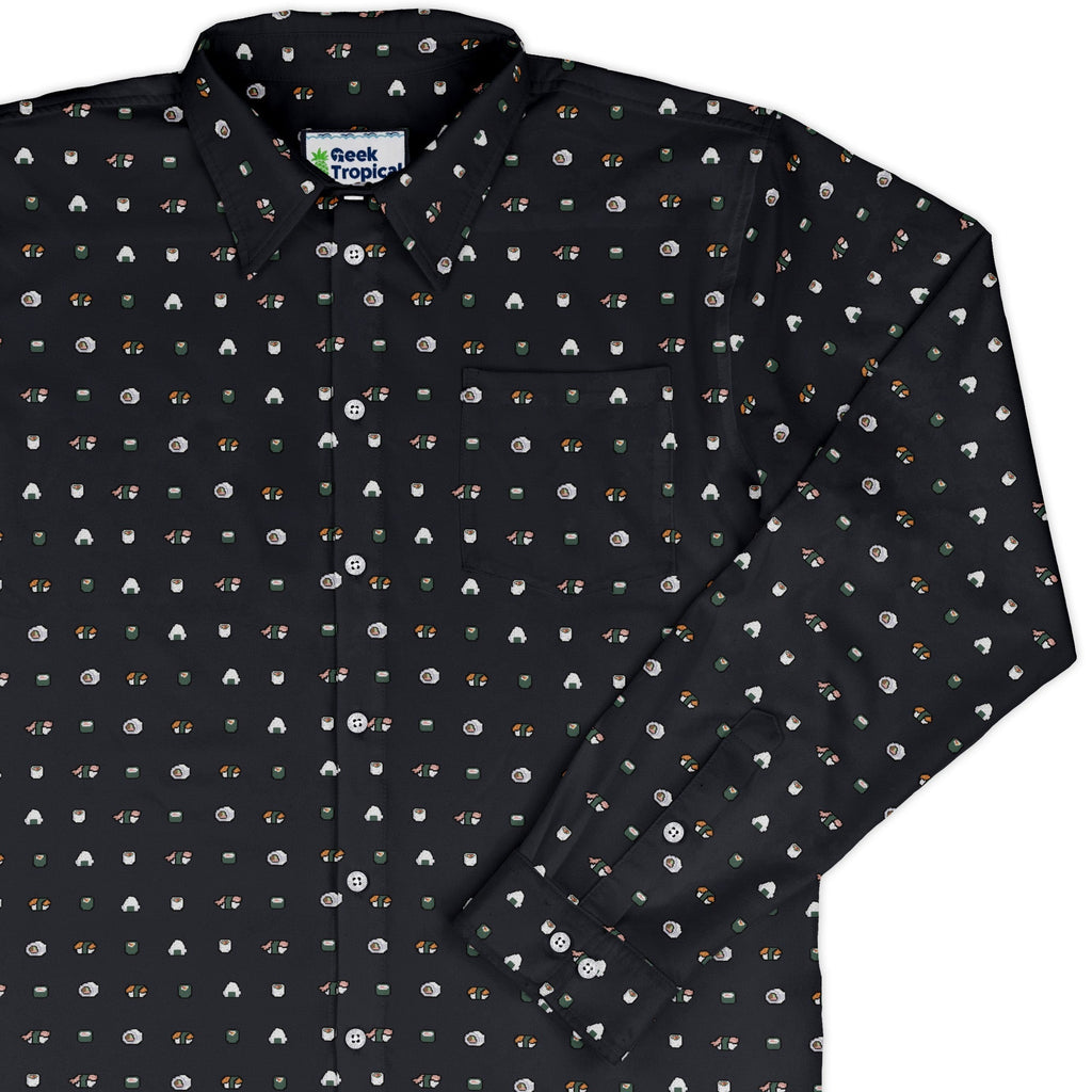 Anime Sushi Rolls Dark Long Sleeve Button Up Shirt Geek Nerd adult sizing Anime Design by Claire Murphy