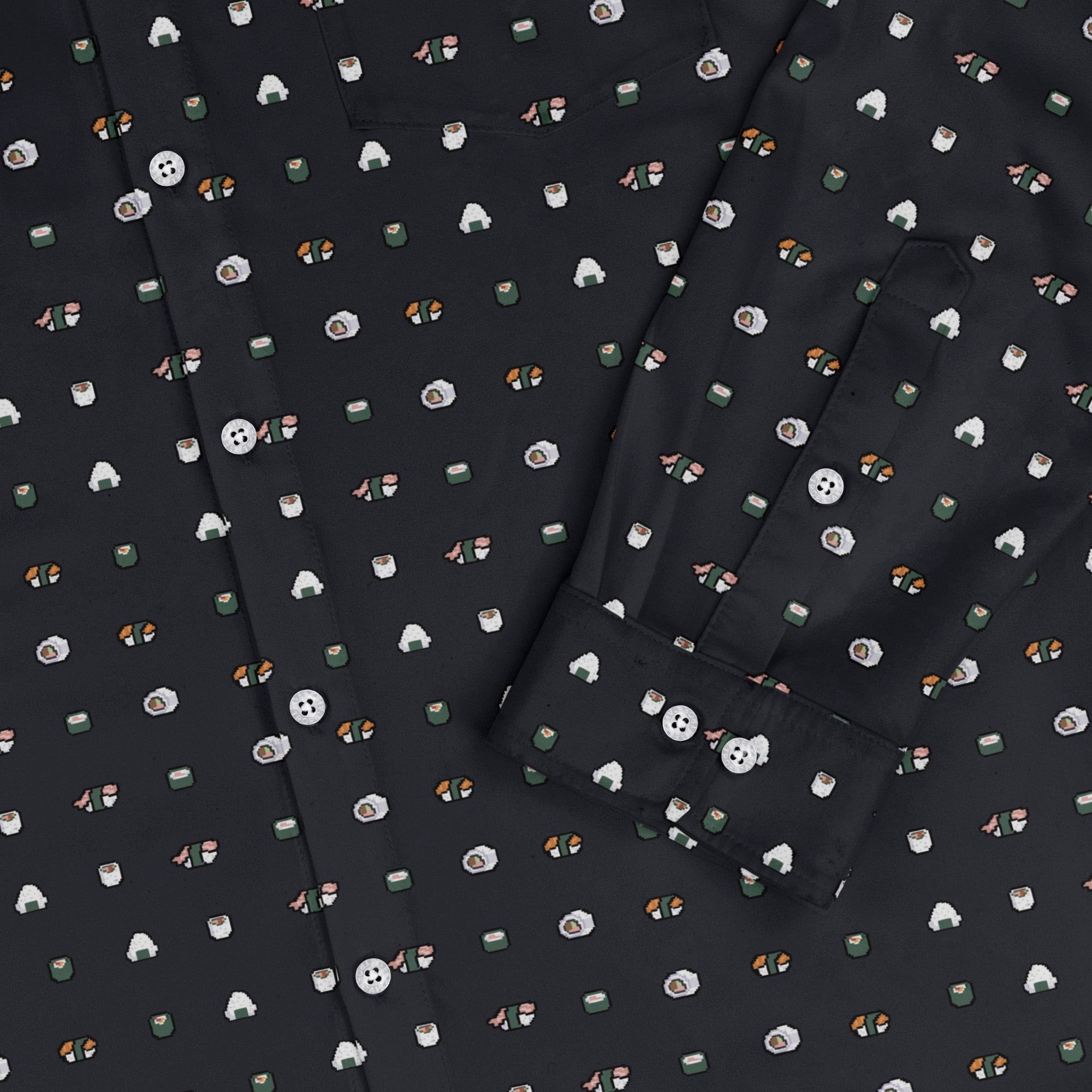 Anime Sushi Rolls Dark Long Sleeve Button Up Shirt Geek Nerd adult sizing Anime Design by Claire Murphy
