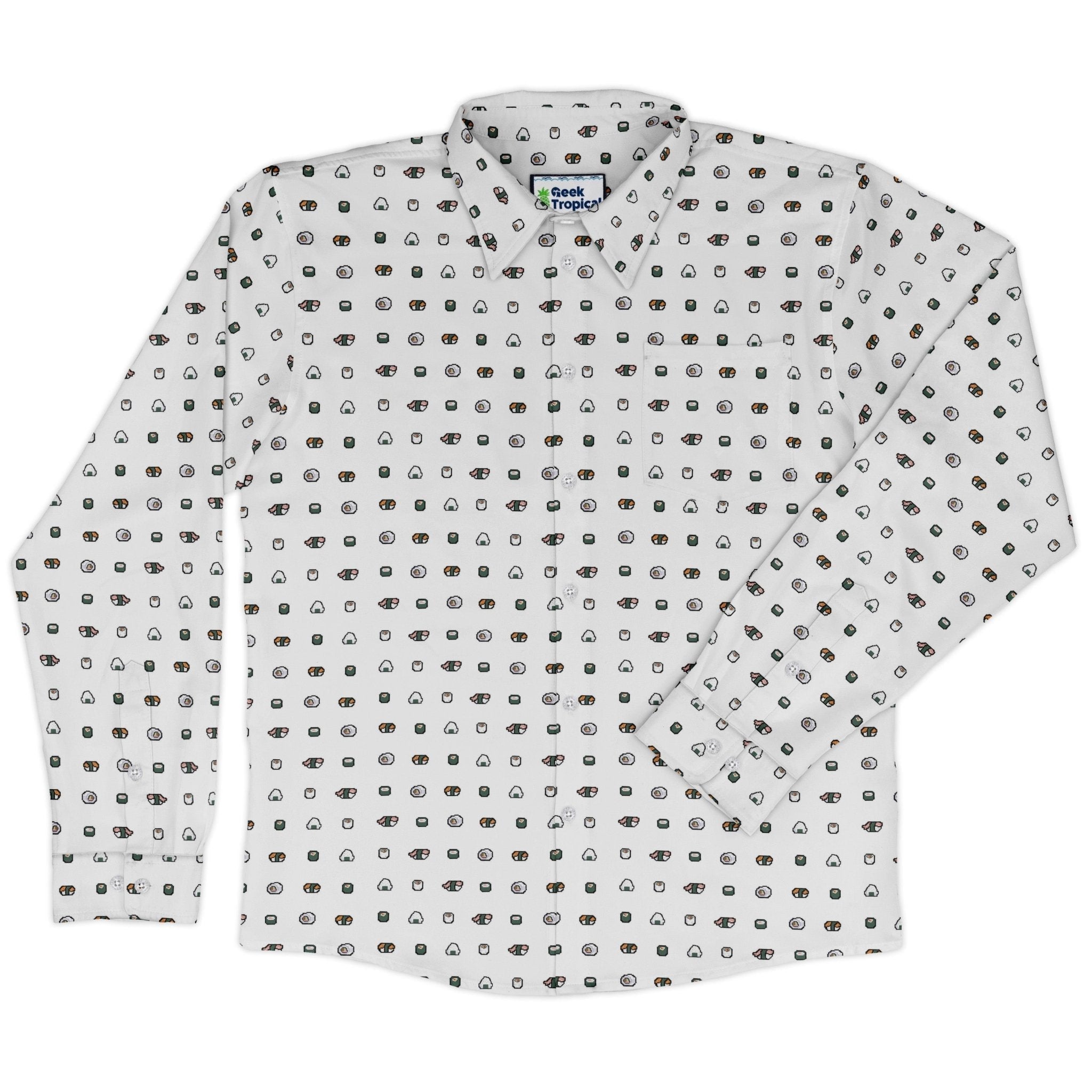 Anime Sushi Rolls Light Long Sleeve Button Up Shirt Geek Nerd adult sizing Anime Design by Claire Murphy