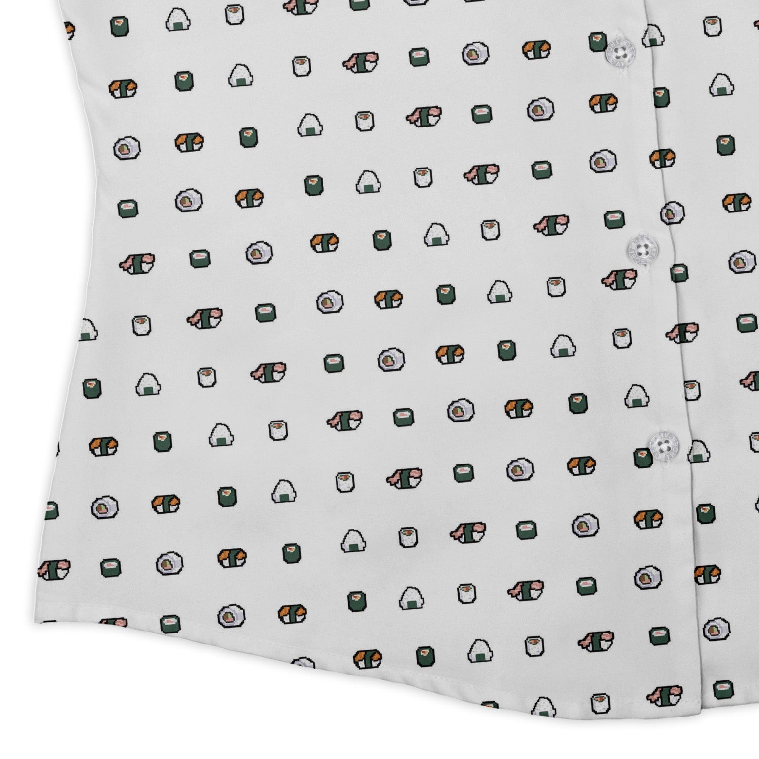 Anime Sushi Rolls Light Curvy Button Up Shirt Geek Nerd Anime Design by Claire Murphy women