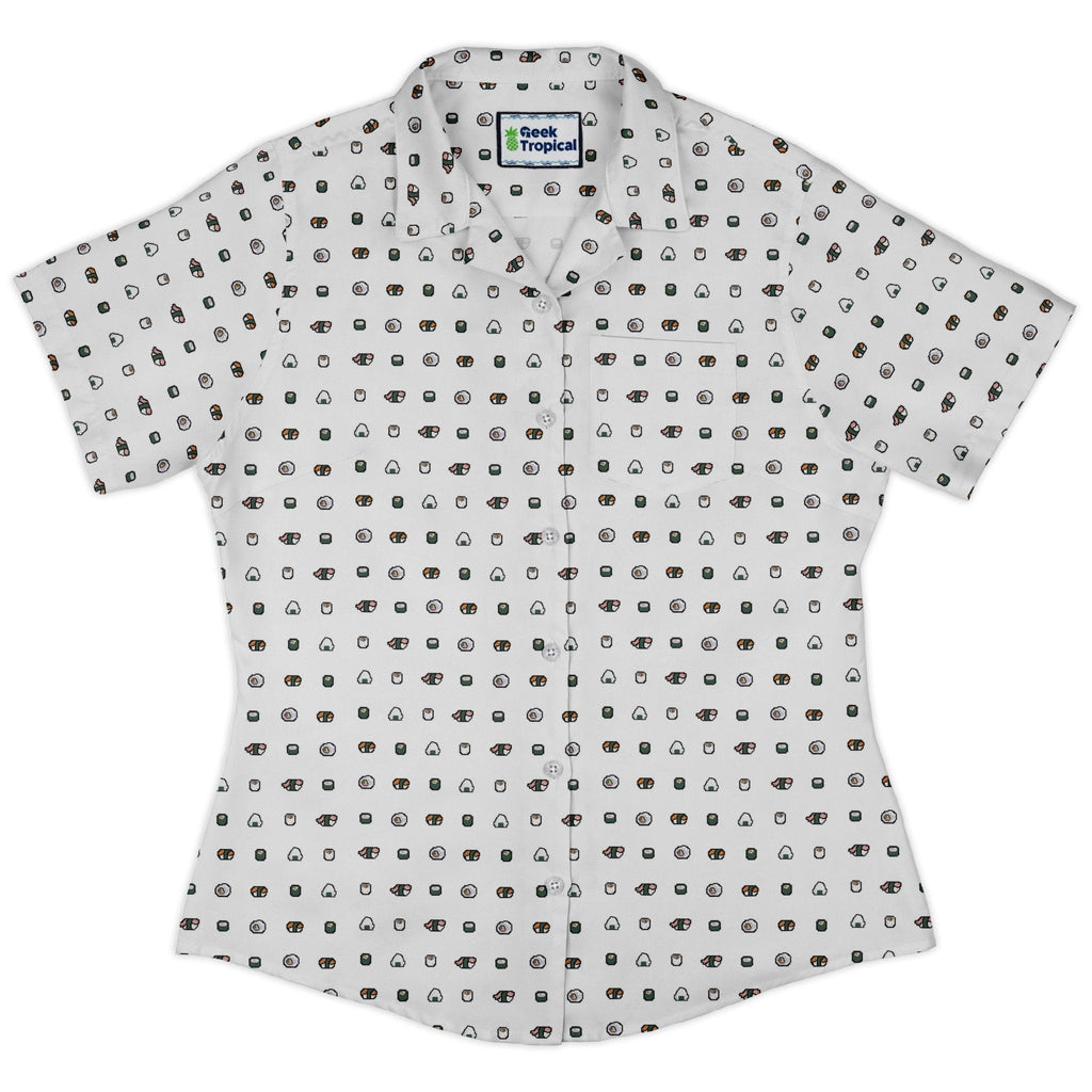 Anime Sushi Rolls Light Curvy Button Up Shirt Geek Nerd Anime Design by Claire Murphy women