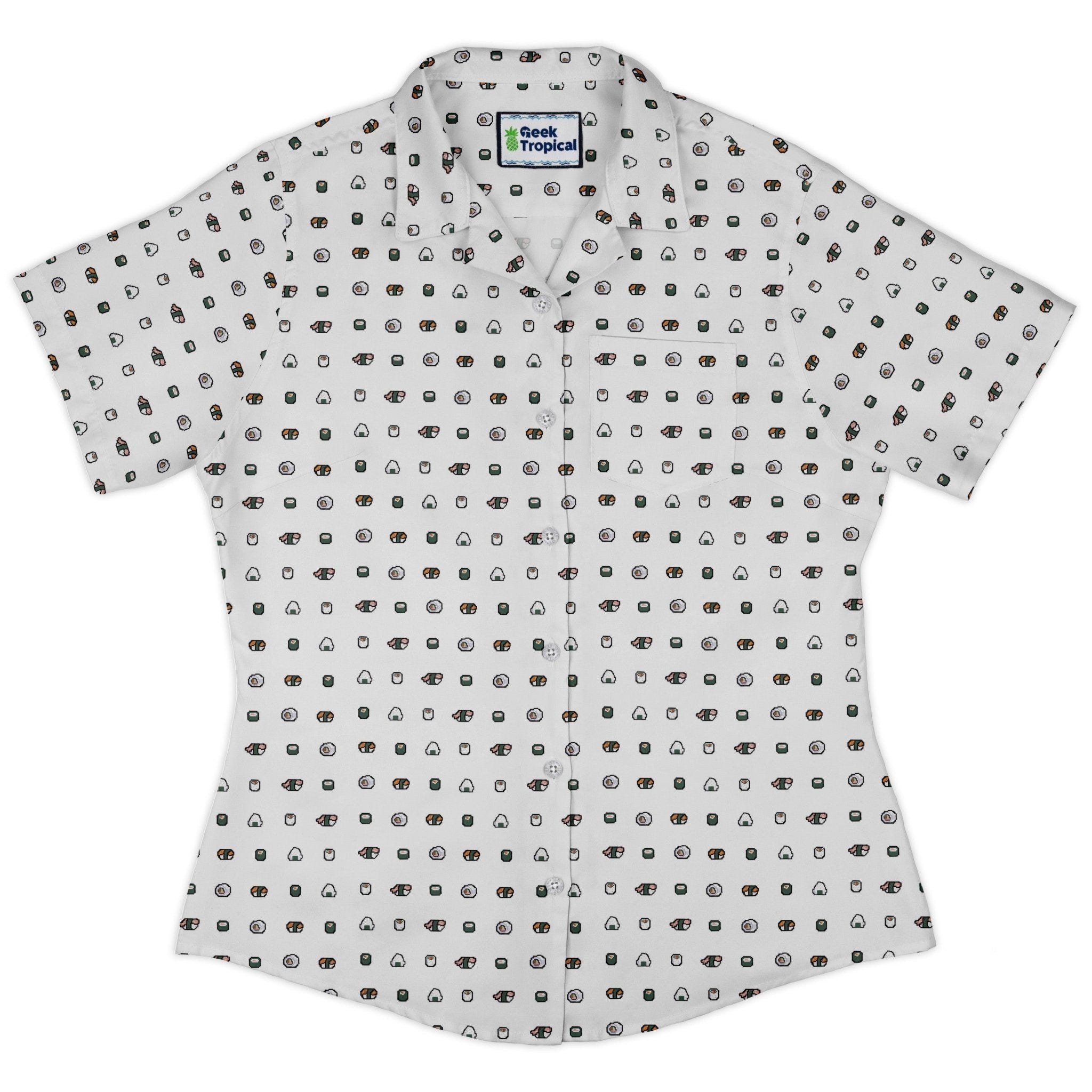 Anime Sushi Rolls Light Curvy Button Up Shirt Geek Nerd Anime Design by Claire Murphy women