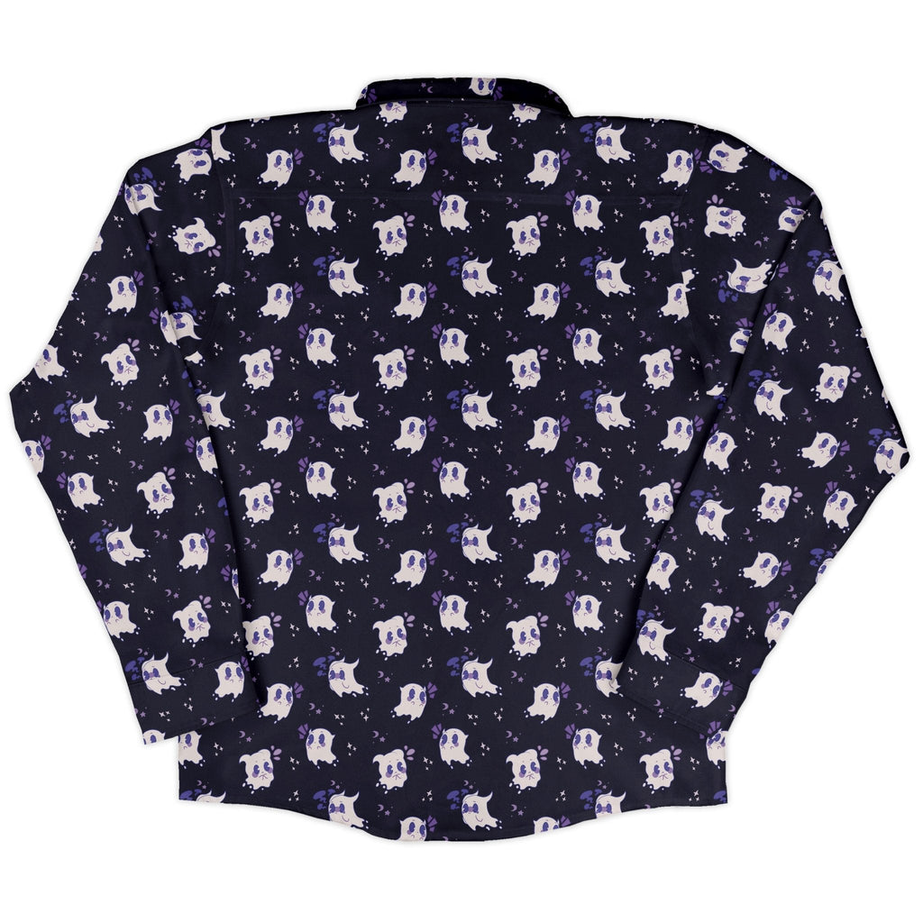 Anxious Ghosts Purple Long Sleeve Button Up Shirt Geek Nerd adult sizing Anime Design by Ardi Tong