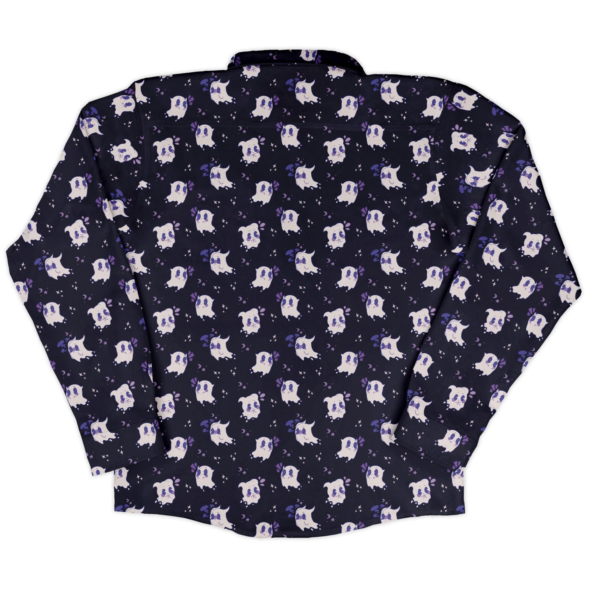 Anxious Ghosts Purple Long Sleeve Button Up Shirt Geek Nerd adult sizing Anime Design by Ardi Tong