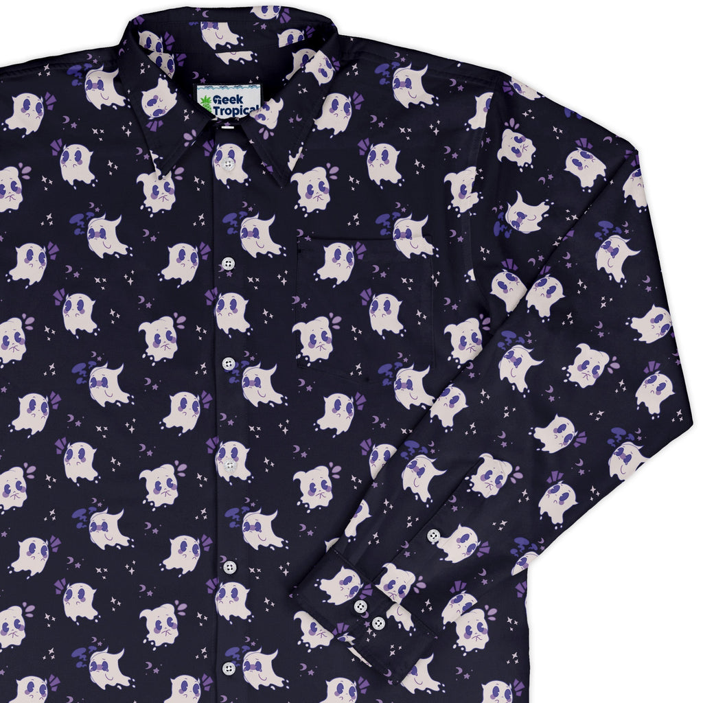 Anxious Ghosts Purple Long Sleeve Button Up Shirt Geek Nerd adult sizing Anime Design by Ardi Tong