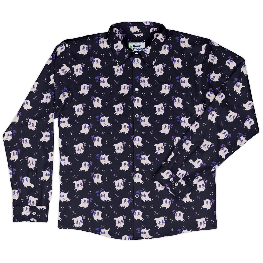 Anxious Ghosts Purple Long Sleeve Button Up Shirt Geek Nerd adult sizing Anime Design by Ardi Tong