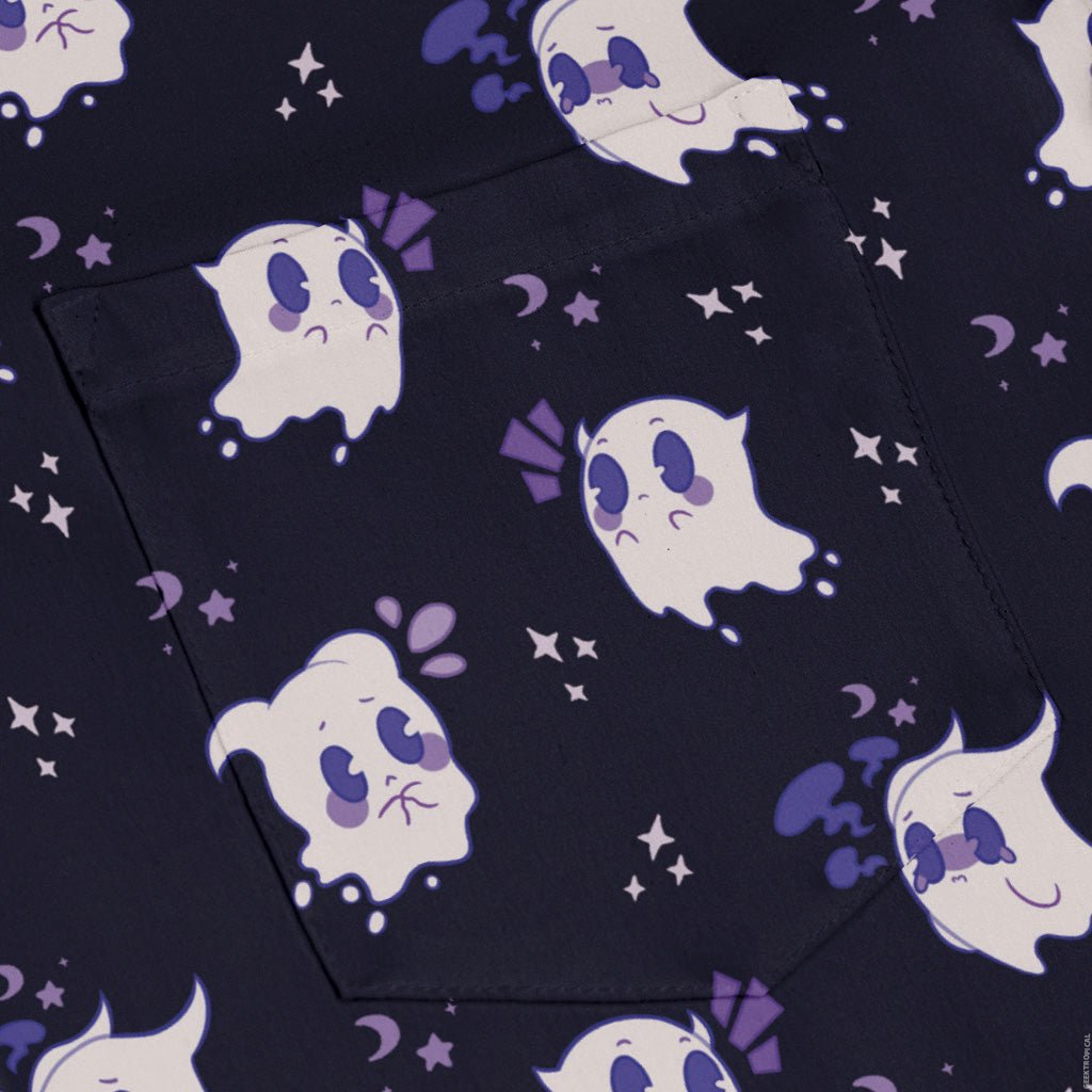 Anxious Ghosts Purple Long Sleeve Button Up Shirt Geek Nerd adult sizing Anime Design by Ardi Tong