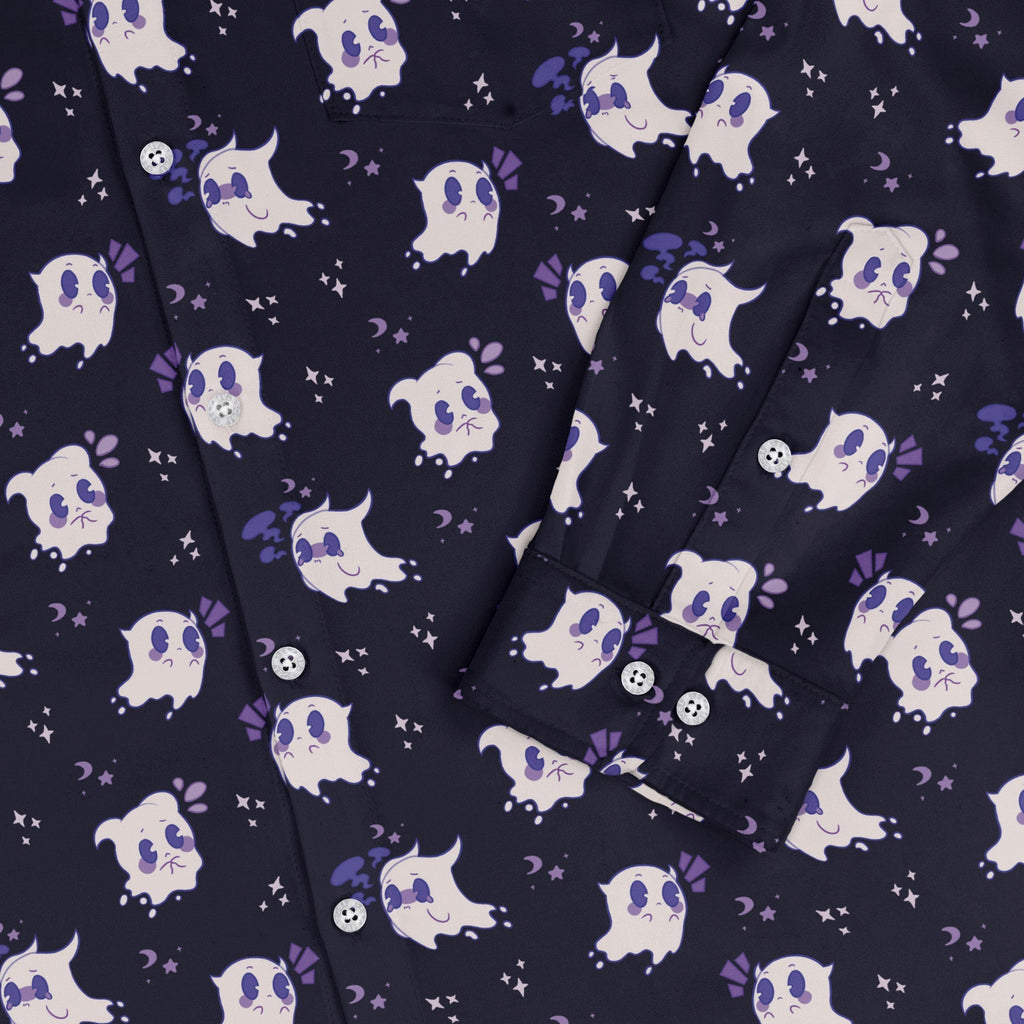 Anxious Ghosts Purple Long Sleeve Button Up Shirt Geek Nerd adult sizing Anime Design by Ardi Tong