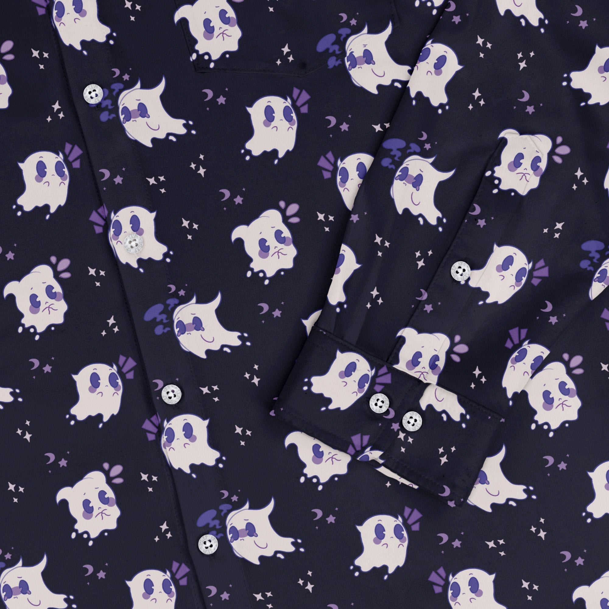 Anxious Ghosts Purple Long Sleeve Button Up Shirt Geek Nerd adult sizing Anime Design by Ardi Tong
