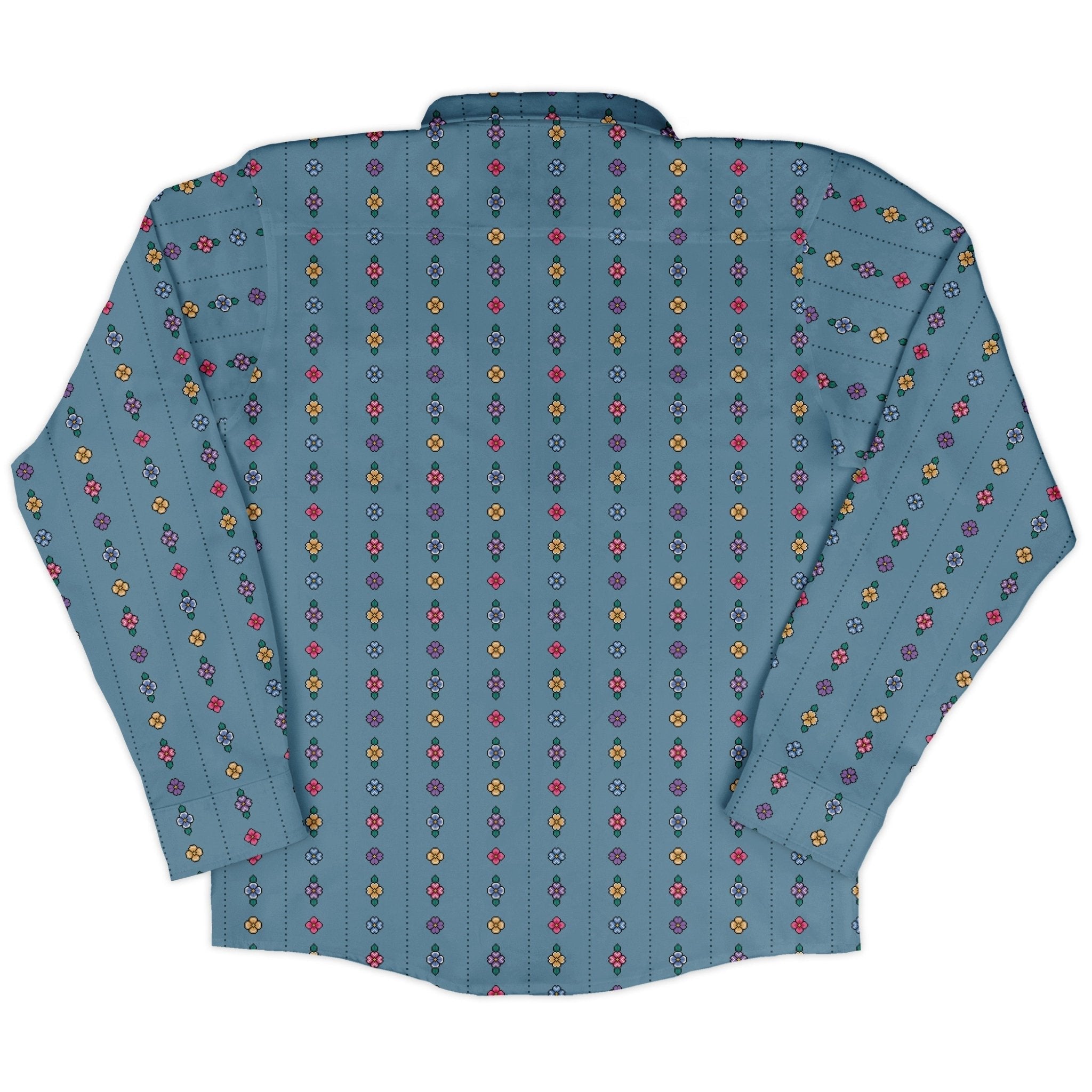Arcade Pixel Flowers Long Sleeve Button Up Shirt Geek Nerd adult sizing Design by Dunking Toast FLOW DESC WRITING