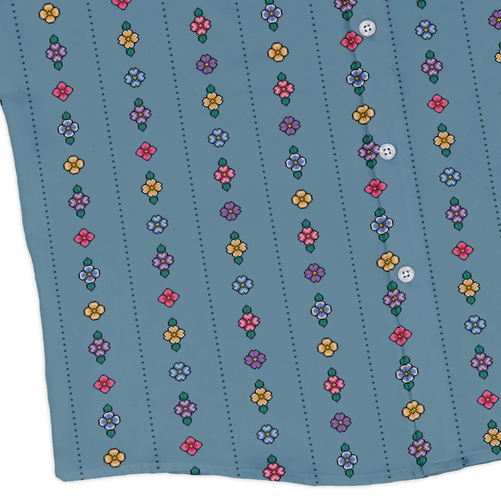 Arcade Pixel Flowers Long Sleeve Button Up Shirt Geek Nerd adult sizing Design by Dunking Toast FLOW DESC WRITING